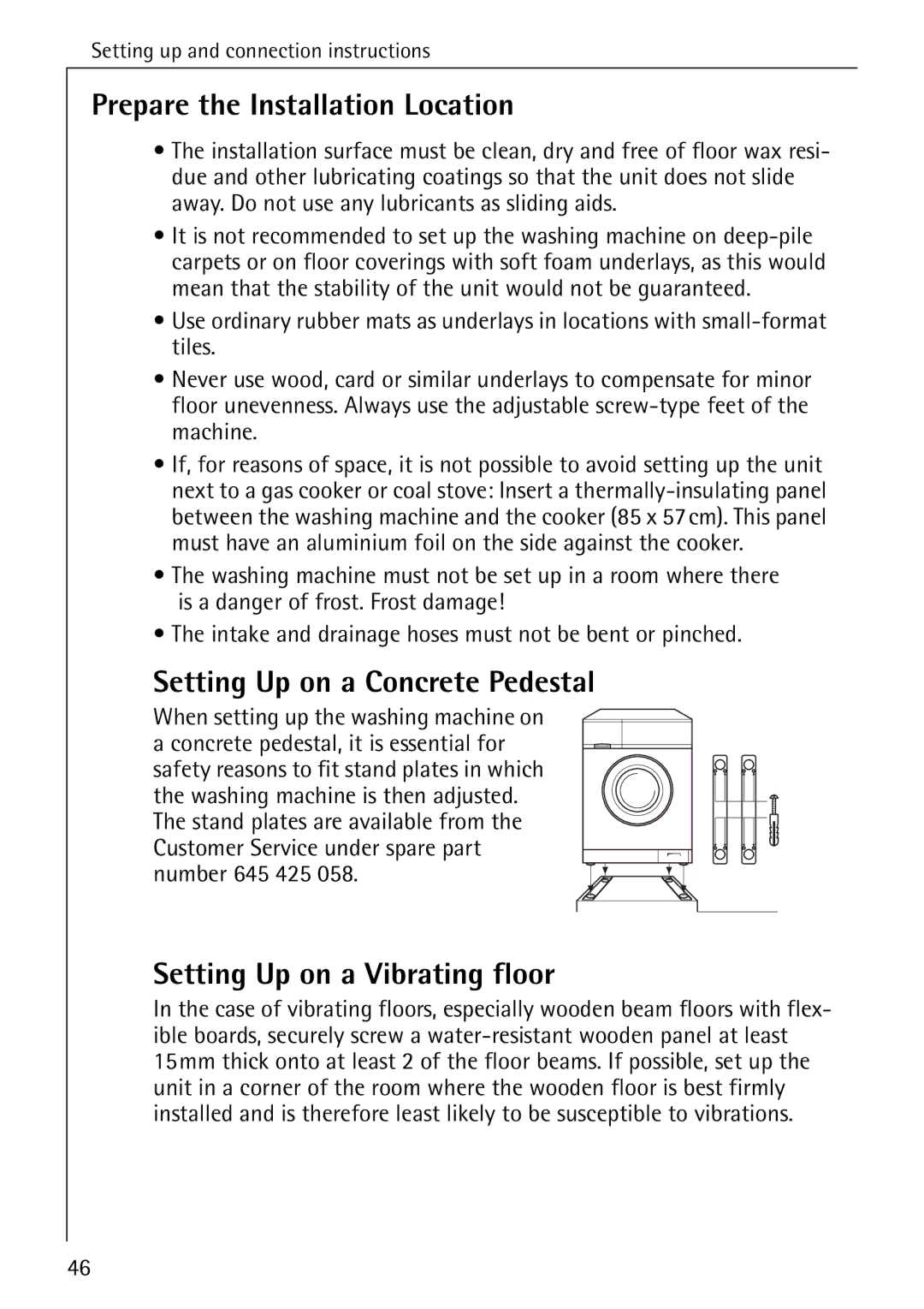 AEG 76730 manual Prepare the Installation Location, Setting Up on a Concrete Pedestal, Setting Up on a Vibrating floor 