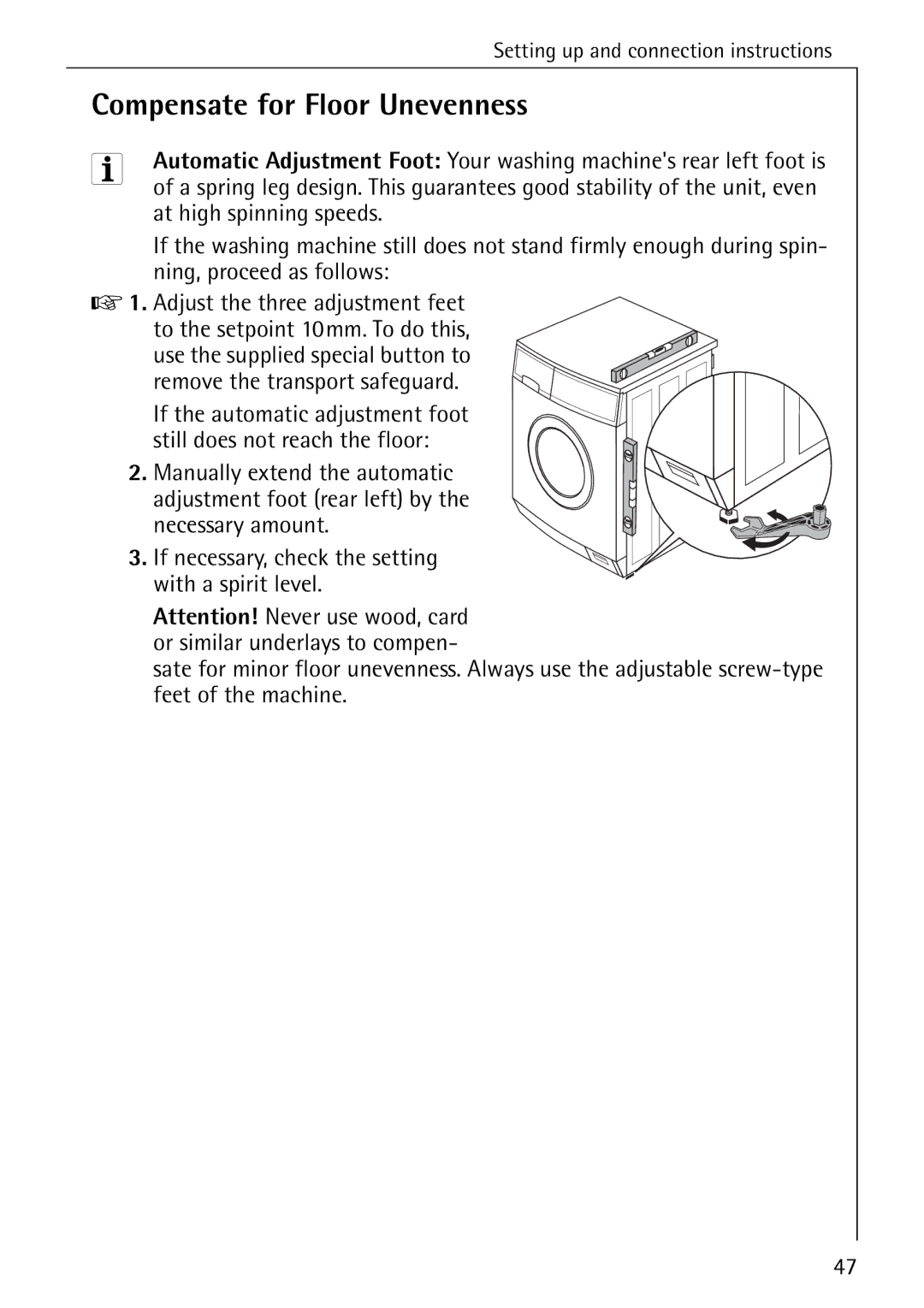 AEG 76730 manual Compensate for Floor Unevenness 