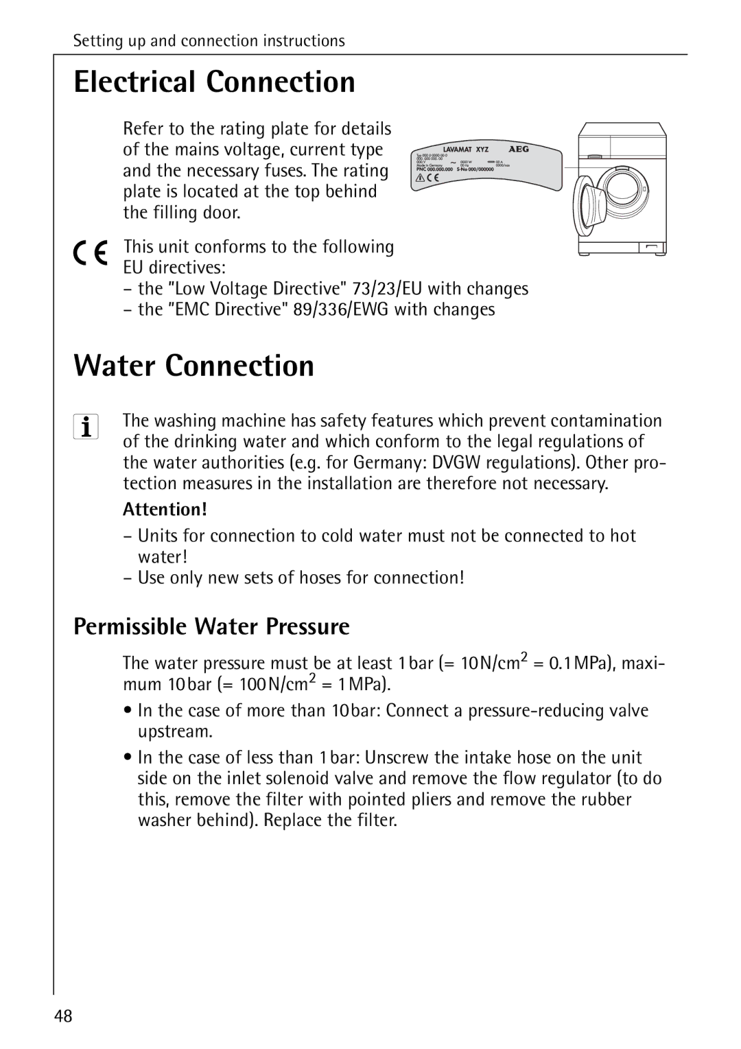 AEG 76730 manual Electrical Connection, Water Connection, Permissible Water Pressure 