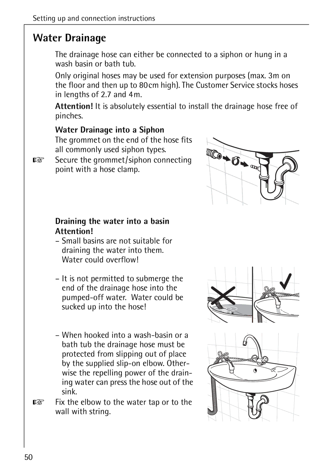 AEG 76730 manual Water Drainage into a Siphon, Draining the water into a basin 