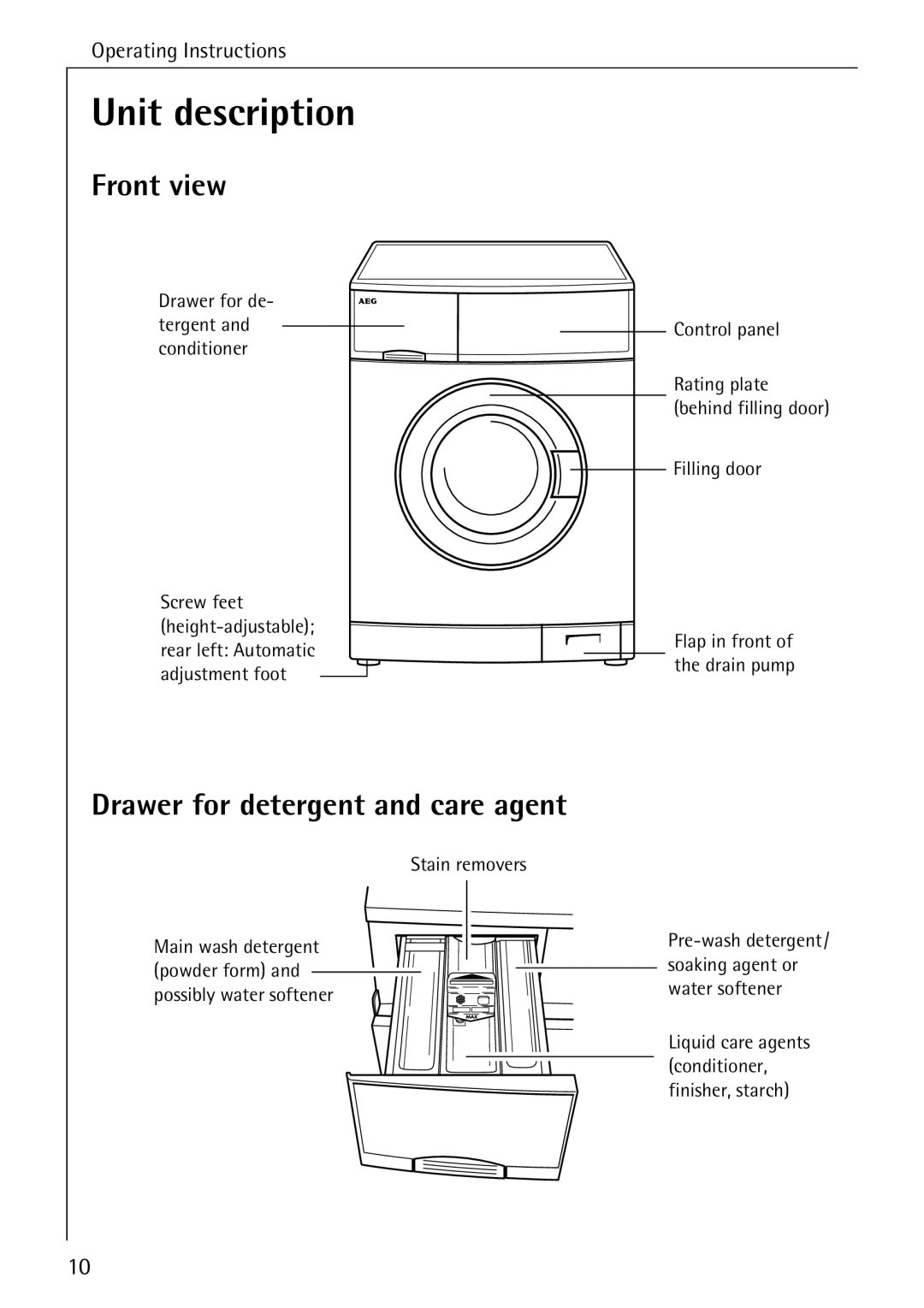 AEG 76730 manual Unit description, Front view, Drawer for detergent and care agent 