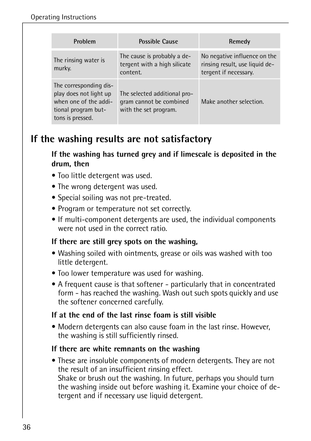 AEG 76730 manual If the washing results are not satisfactory, If there are still grey spots on the washing 