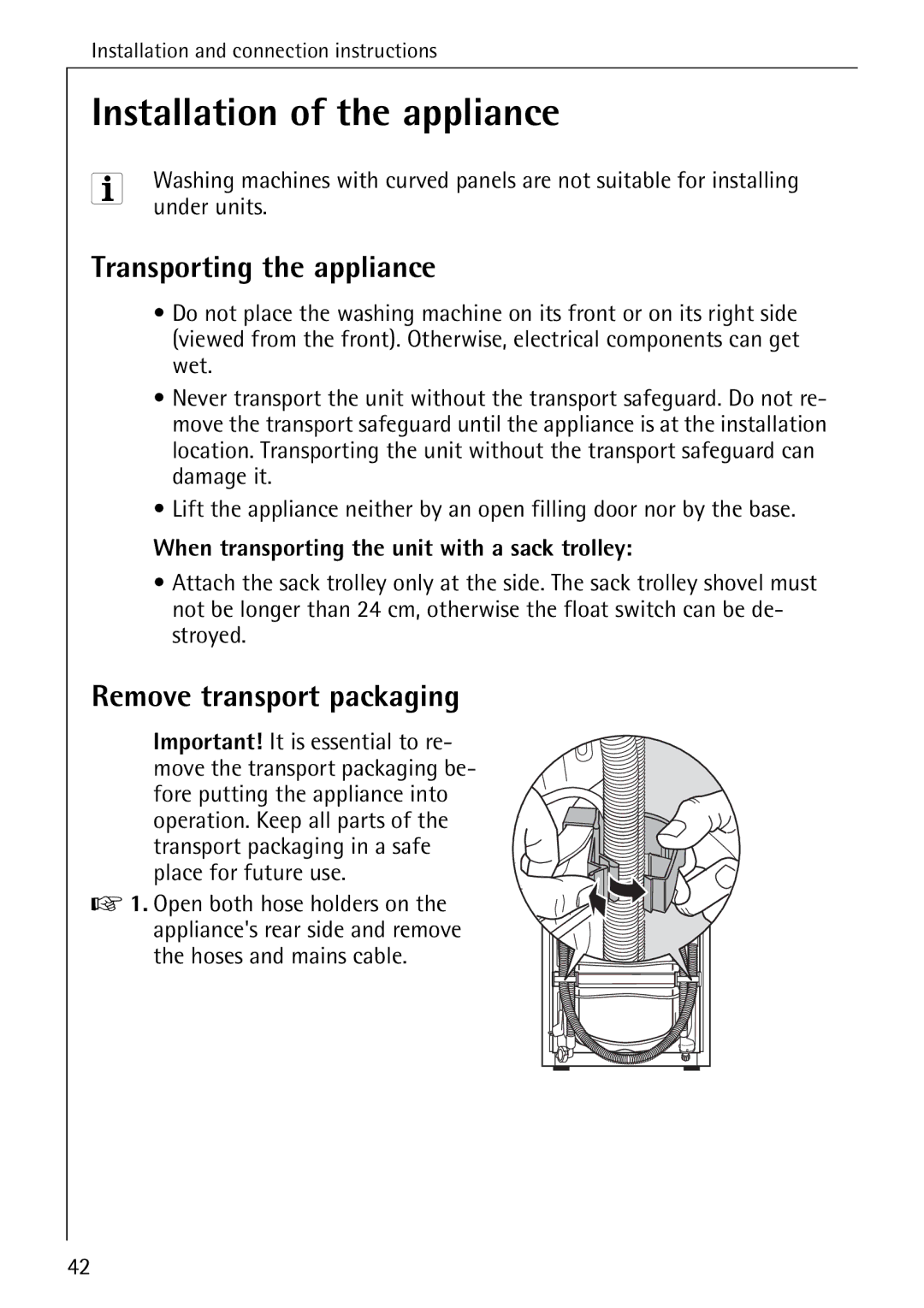 AEG 76730 manual Installation of the appliance, Transporting the appliance, Remove transport packaging, Under units 