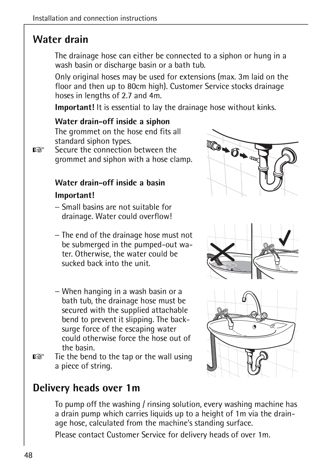 AEG 76730 manual Delivery heads over 1m, Water drain-off inside a siphon, Water drain-off inside a basin 