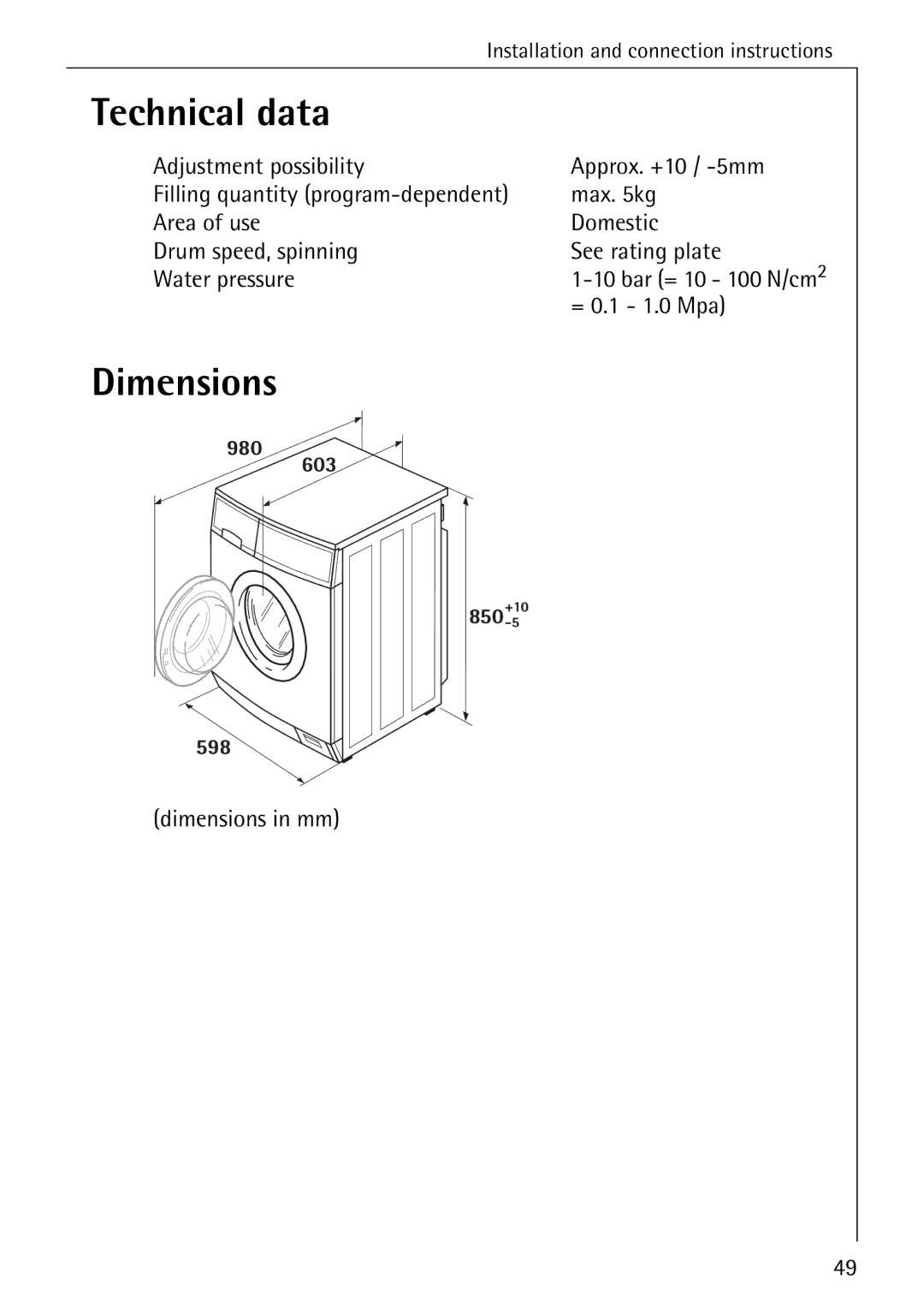 AEG 76730 manual Technical data, = 0.1 1.0 Mpa, Dimensions in mm 