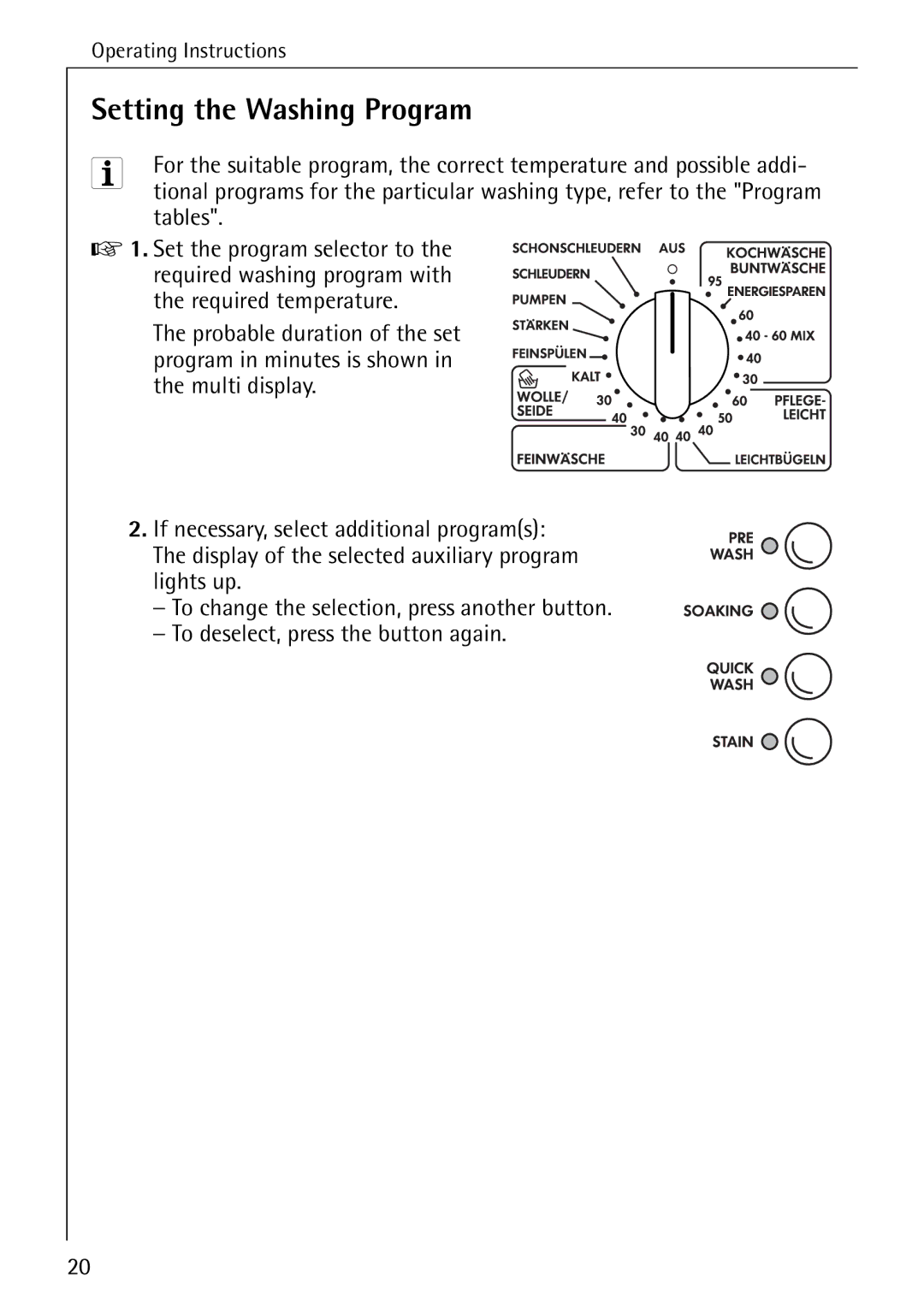 AEG 76760 manual Setting the Washing Program, Tables 