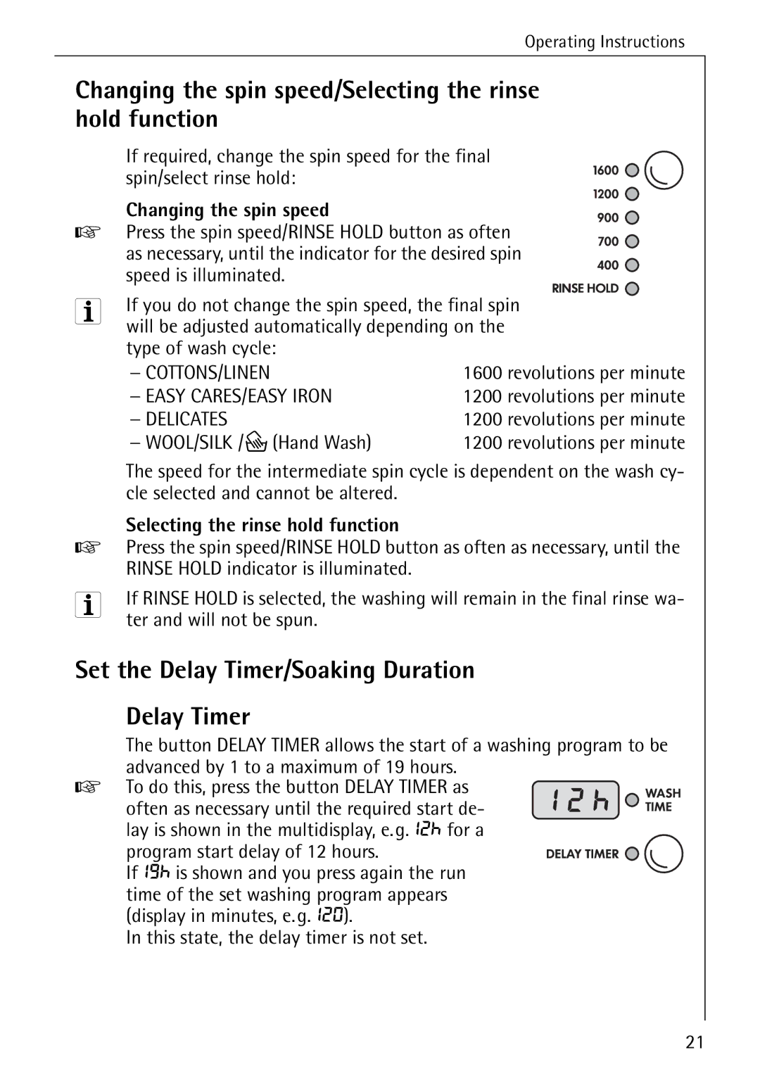 AEG 76760 manual Changing the spin speed/Selecting the rinse hold function, Set the Delay Timer/Soaking Duration 