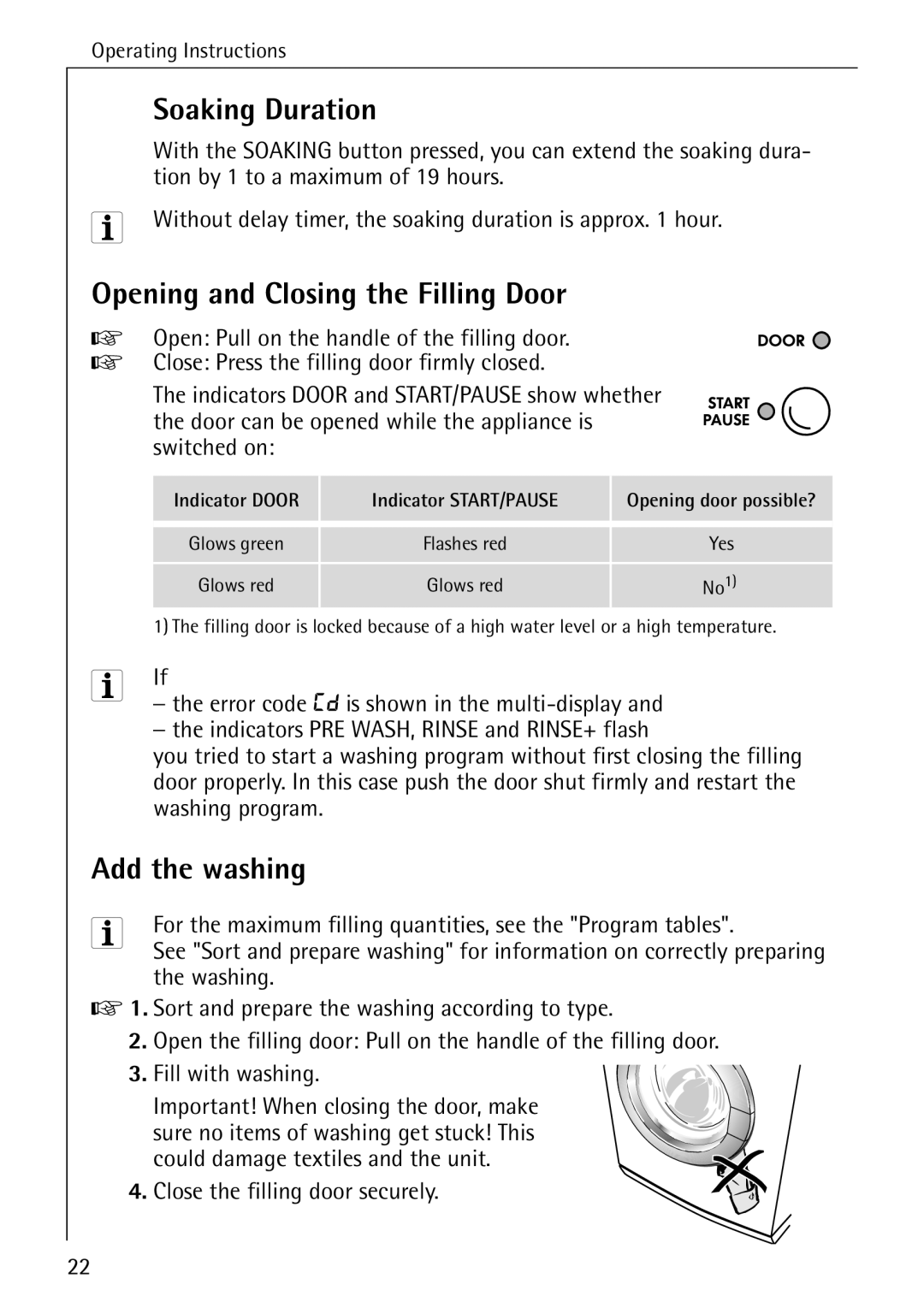 AEG 76760 manual Soaking Duration, Opening and Closing the Filling Door, Add the washing, Close the filling door securely 