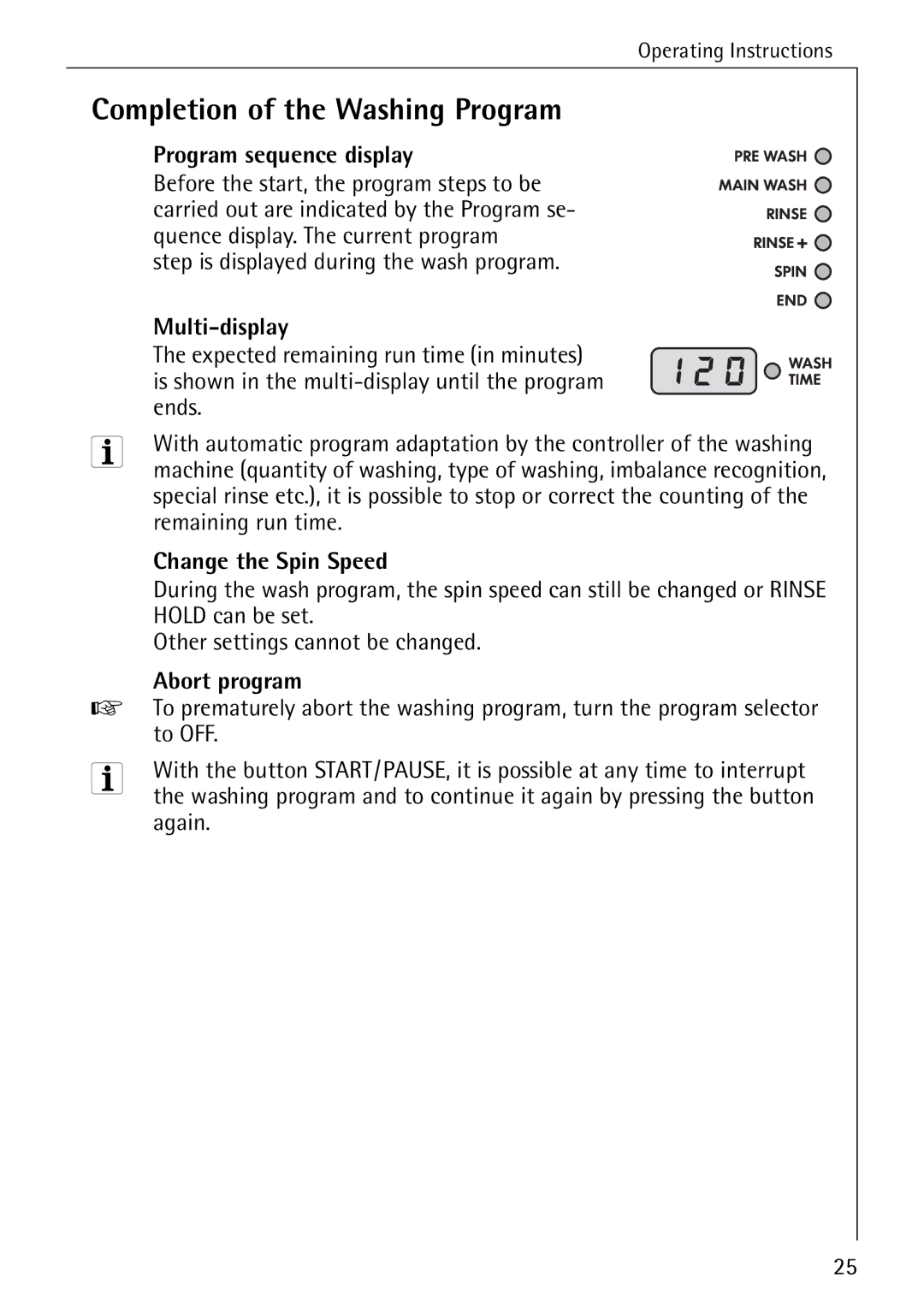 AEG 76760 Completion of the Washing Program, Program sequence display, Multi-display, Change the Spin Speed, Abort program 