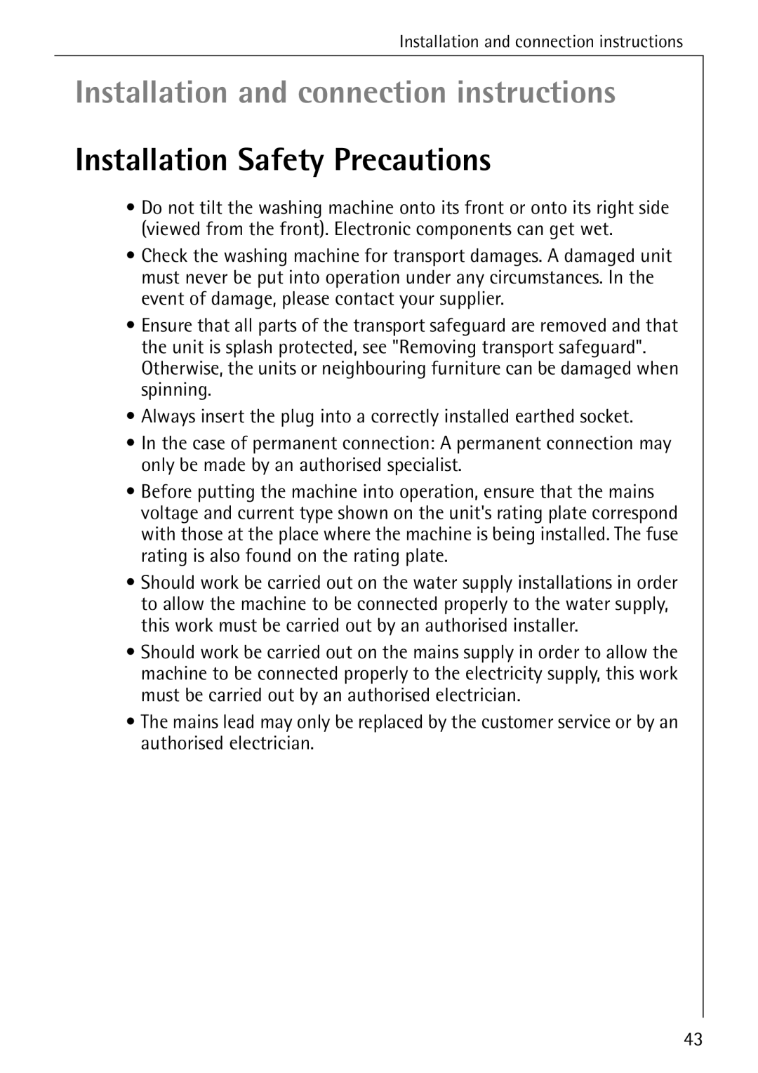 AEG 76760 manual Installation and connection instructions, Installation Safety Precautions 