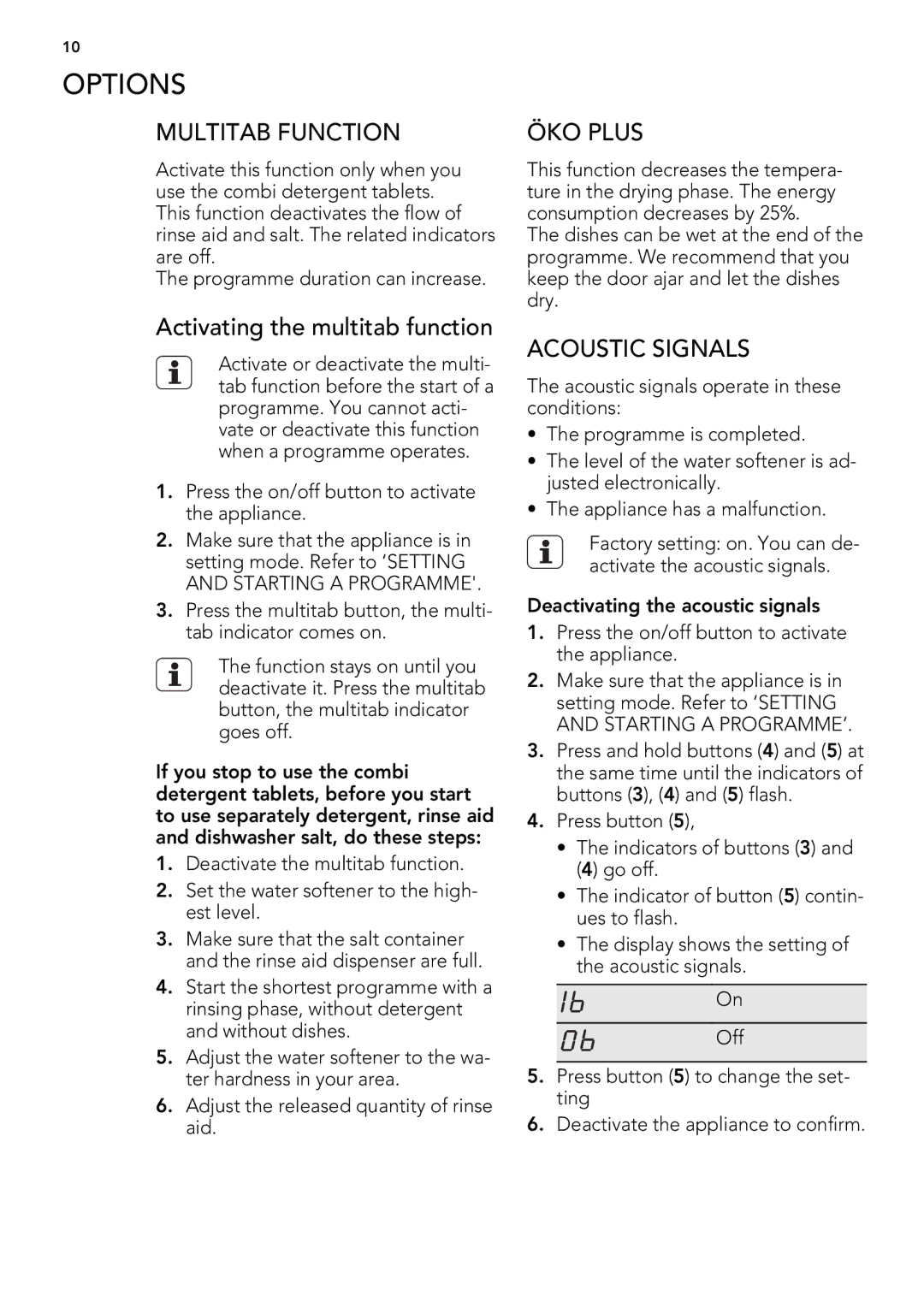 AEG 78400 VI user manual Options, Multitab Function, Activating the multitab function, ÖKO Plus, Acoustic Signals 