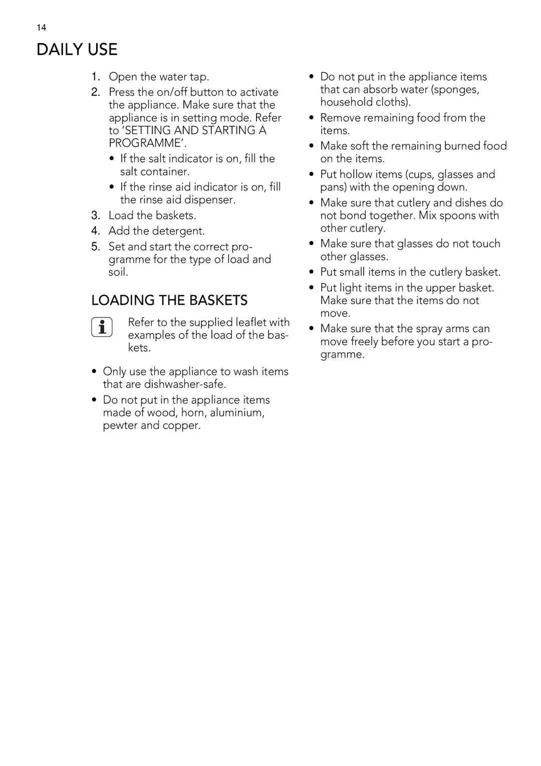 AEG 78400 VI user manual Daily USE, Loading the Baskets 