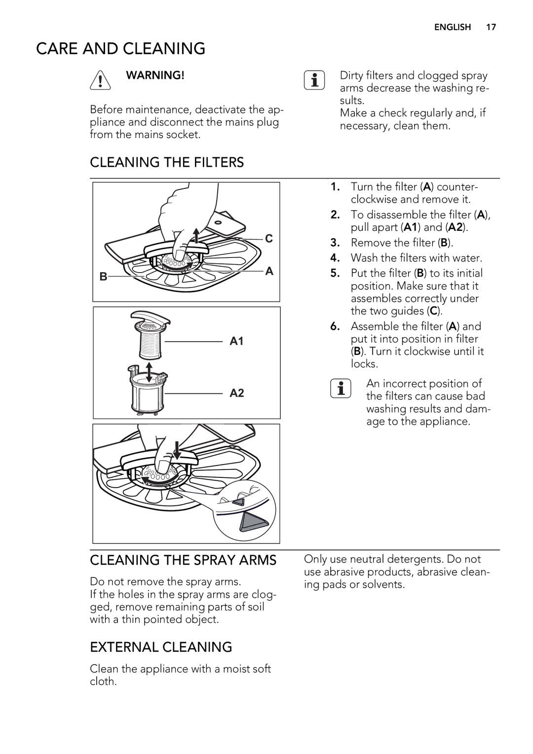 AEG 78400 VI user manual Care and Cleaning, Cleaning the Filters, Cleaning the Spray Arms, External Cleaning 