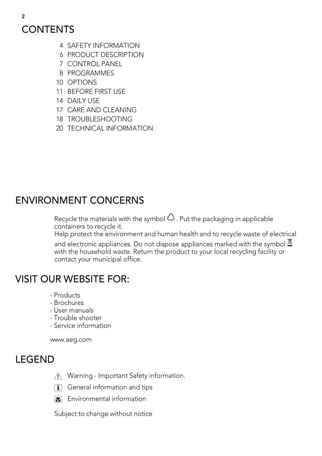 AEG 78400 VI user manual Contents, Environment Concerns, Visit OUR Website for 