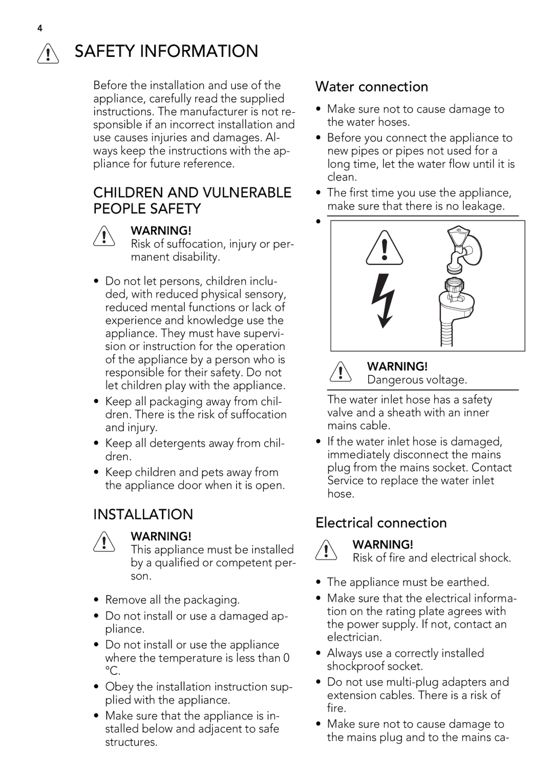 AEG 78400 VI user manual Safety Information, Installation, Water connection, Electrical connection 