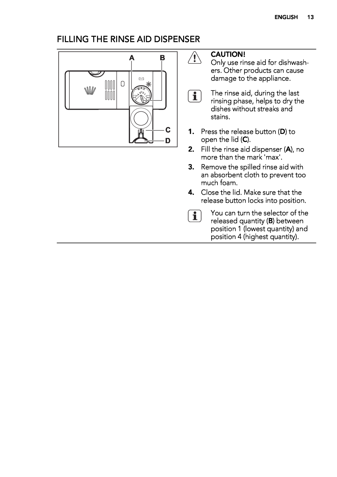 AEG 78400 VI user manual Filling The Rinse Aid Dispenser 