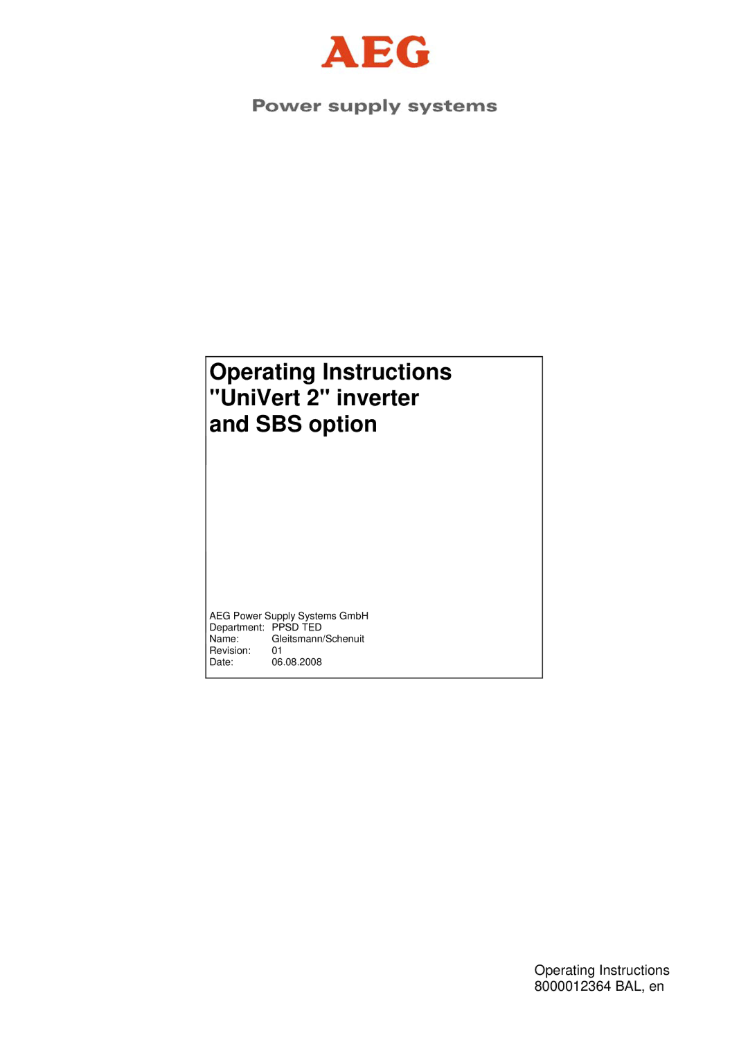 AEG 8000012364 BAL operating instructions Operating Instructions UniVert 2 inverter and SBS option 