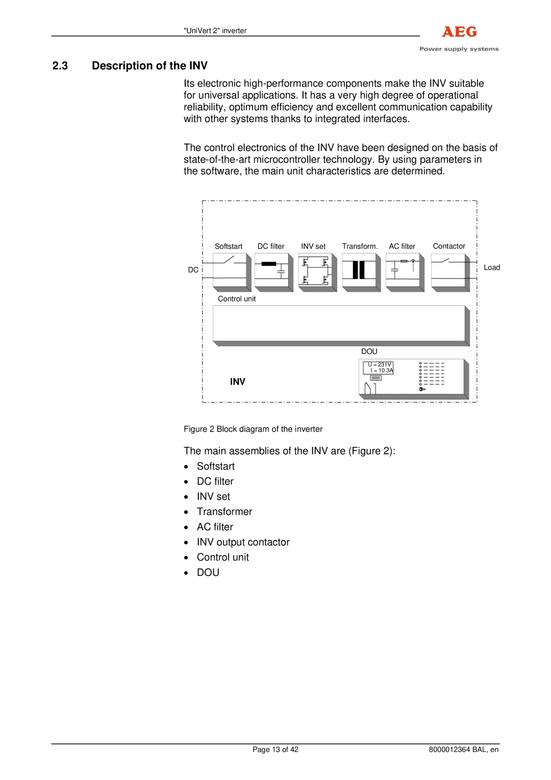 AEG 8000012364 BAL operating instructions Description of the INV, Block diagram of the inverter 