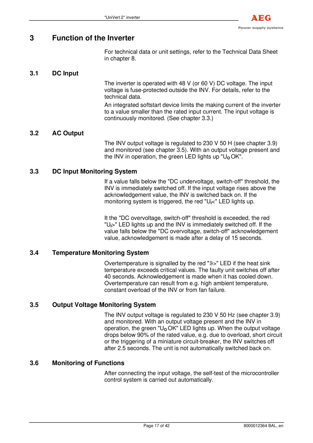 AEG 8000012364 BAL operating instructions Function of the Inverter 