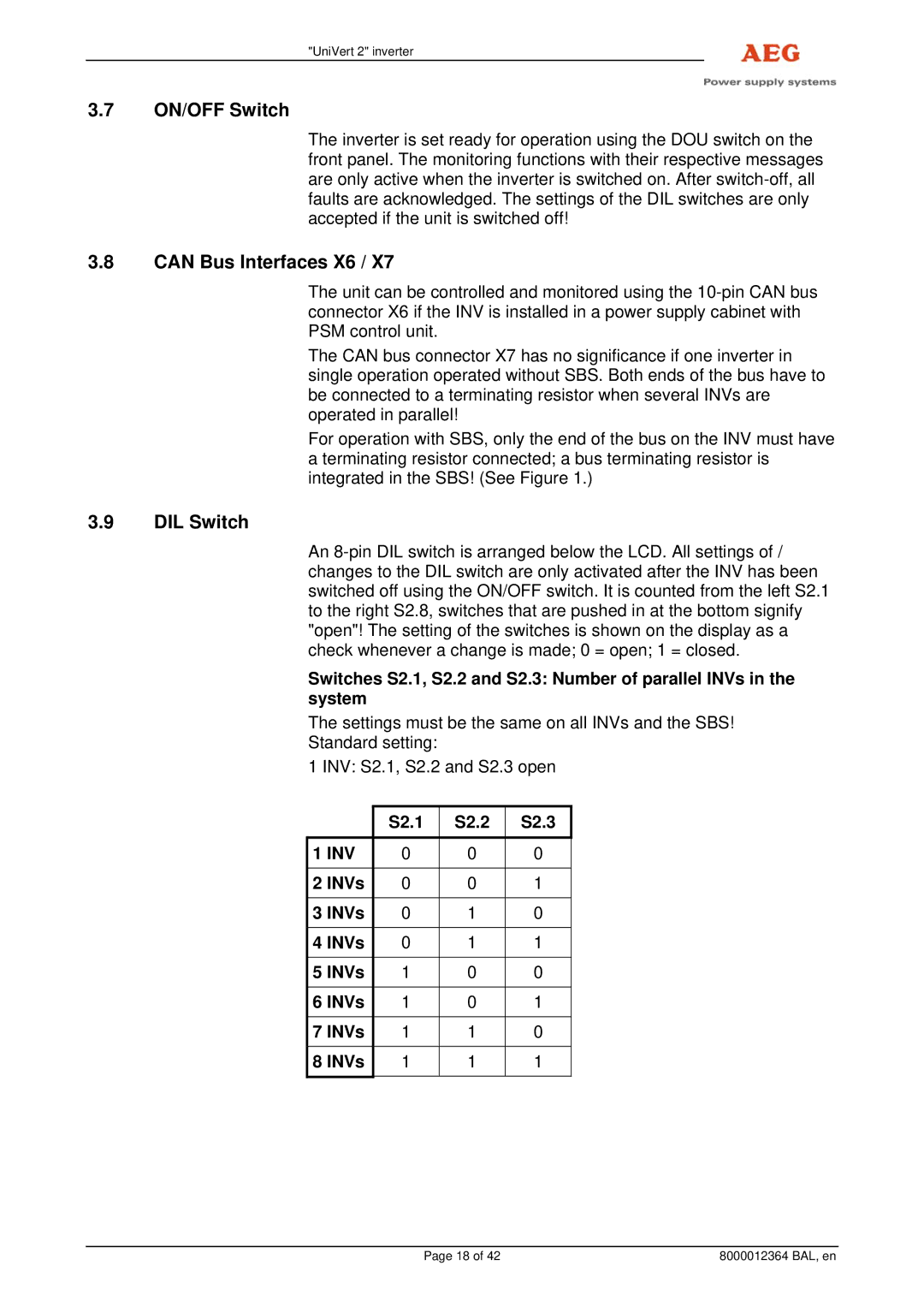 AEG 8000012364 BAL operating instructions ON/OFF Switch, Can Bus Interfaces X6, DIL Switch, S2.1 S2.2 S2.3, INVs 