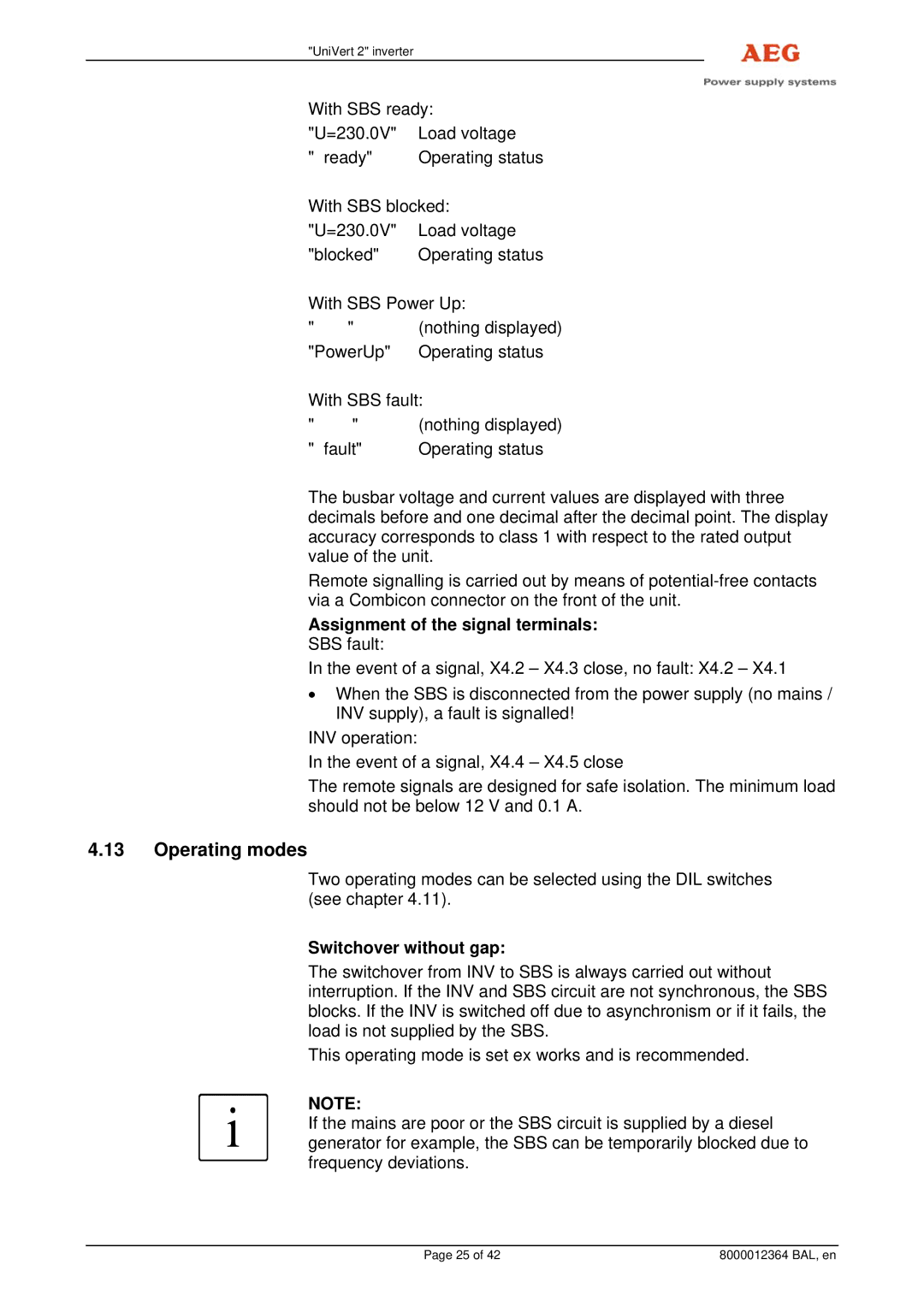 AEG 8000012364 BAL operating instructions Operating modes, Assignment of the signal terminals, Switchover without gap 