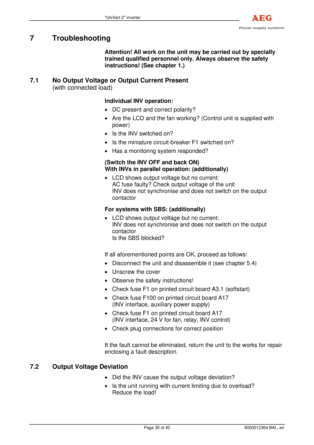 AEG 8000012364 BAL operating instructions Troubleshooting, Output Voltage Deviation, For systems with SBS additionally 