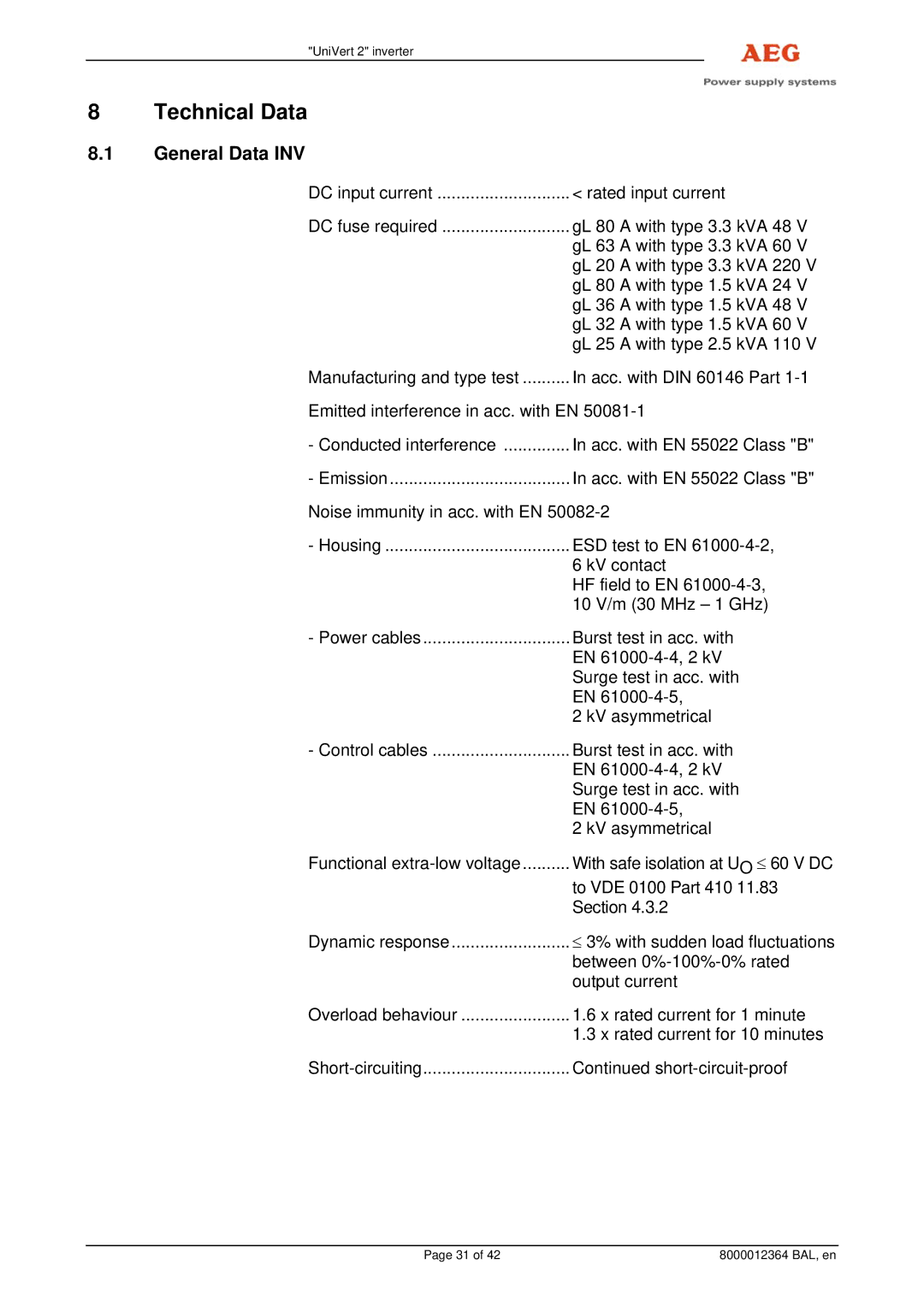 AEG 8000012364 BAL operating instructions Technical Data, General Data INV 