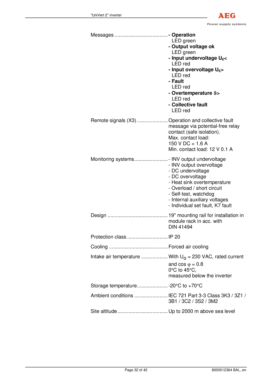 AEG 8000012364 BAL Operation, Output voltage ok, Input undervoltage UE, Input overvoltage UE, Fault, Overtemperature ϑ 