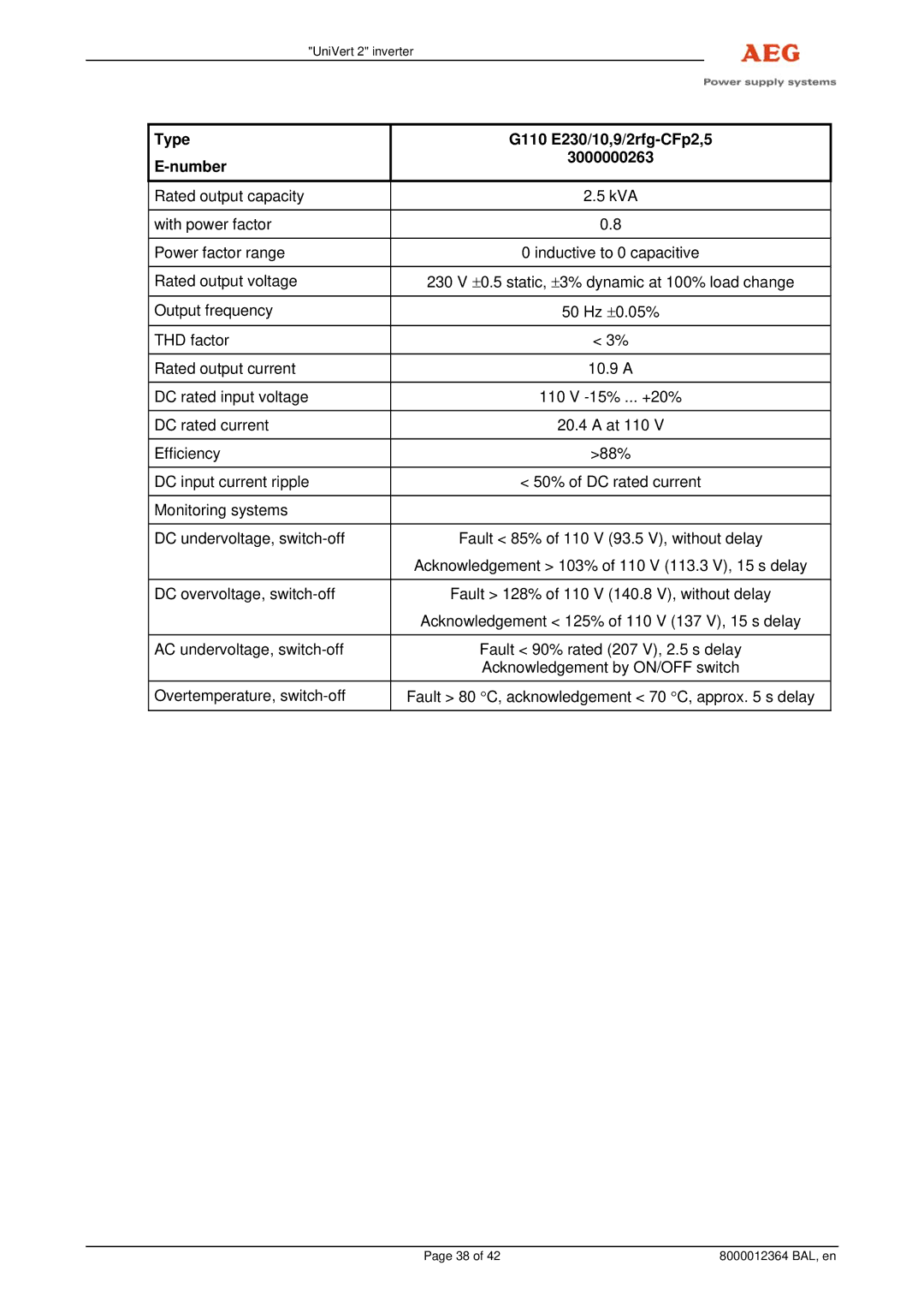 AEG 8000012364 BAL operating instructions Type E-number G110 E230/10,9/2rfg-CFp2,5 3000000263 