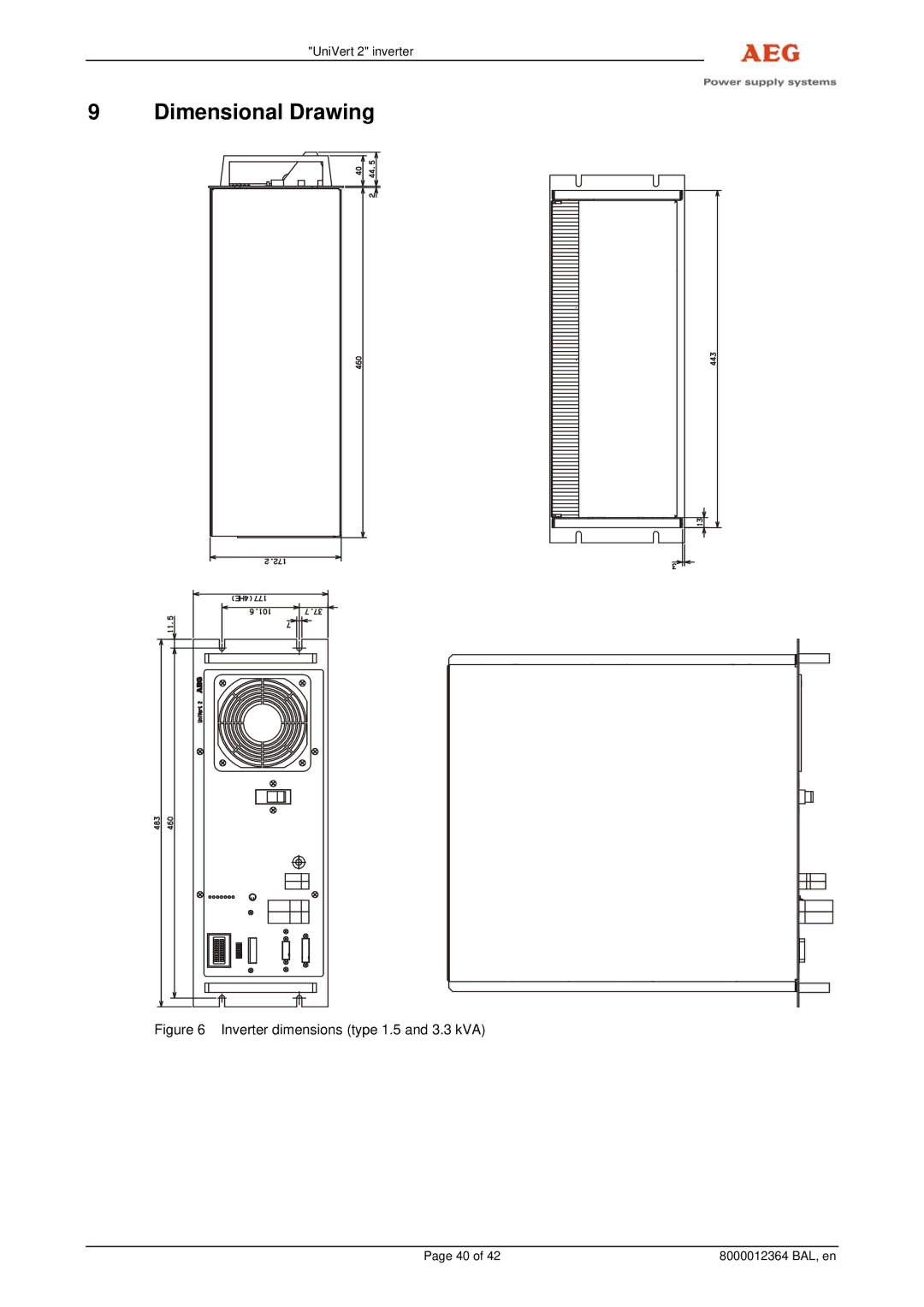 AEG 8000012364 BAL operating instructions Dimensional Drawing, Inverter dimensions type 1.5 and 3.3 kVA 