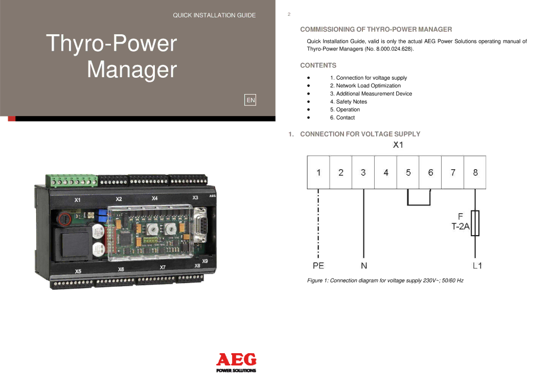 AEG 8.000.024.628 manual Commissioning of THYRO-POWER Manager, Contents, Connection for Voltage Supply 