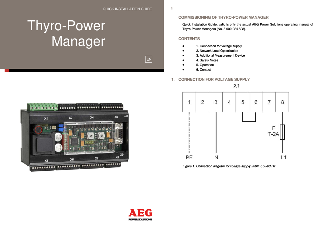AEG 8.000.024.628 manual Commissioning Of Thyro-Powermanager, Contents, Connection For Voltage Supply, Thyro-Power Manager 
