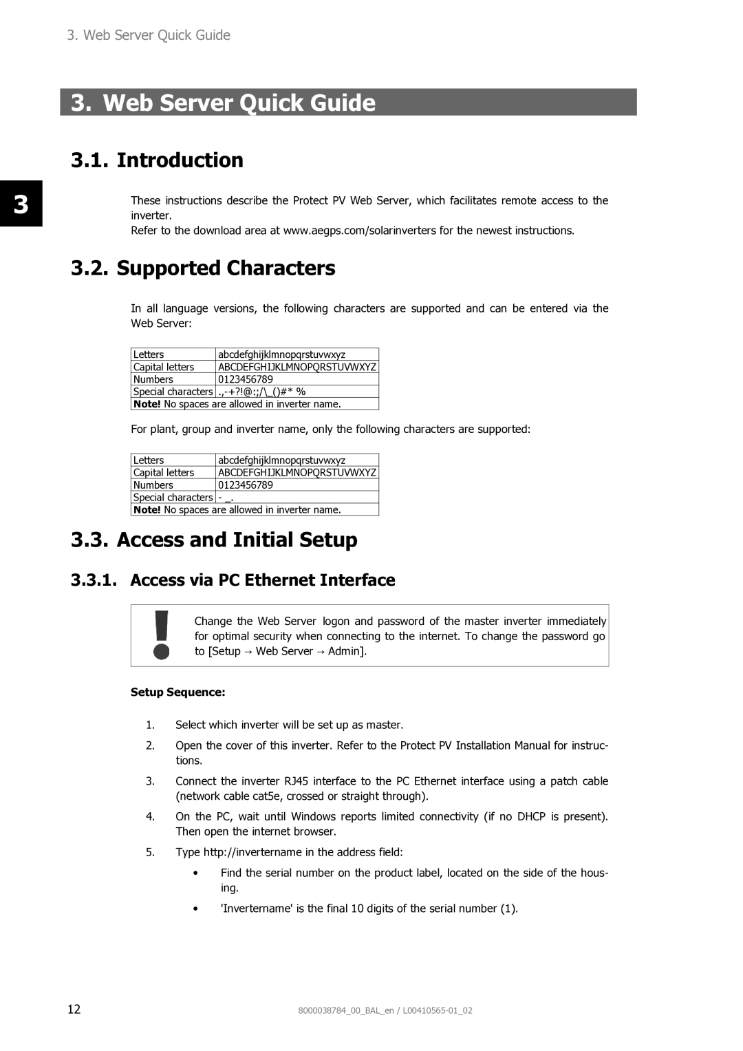 AEG 8000038784_00_BAL_en user manual Web Server Quick Guide, Supported Characters, Access and Initial Setup, Setup Sequence 