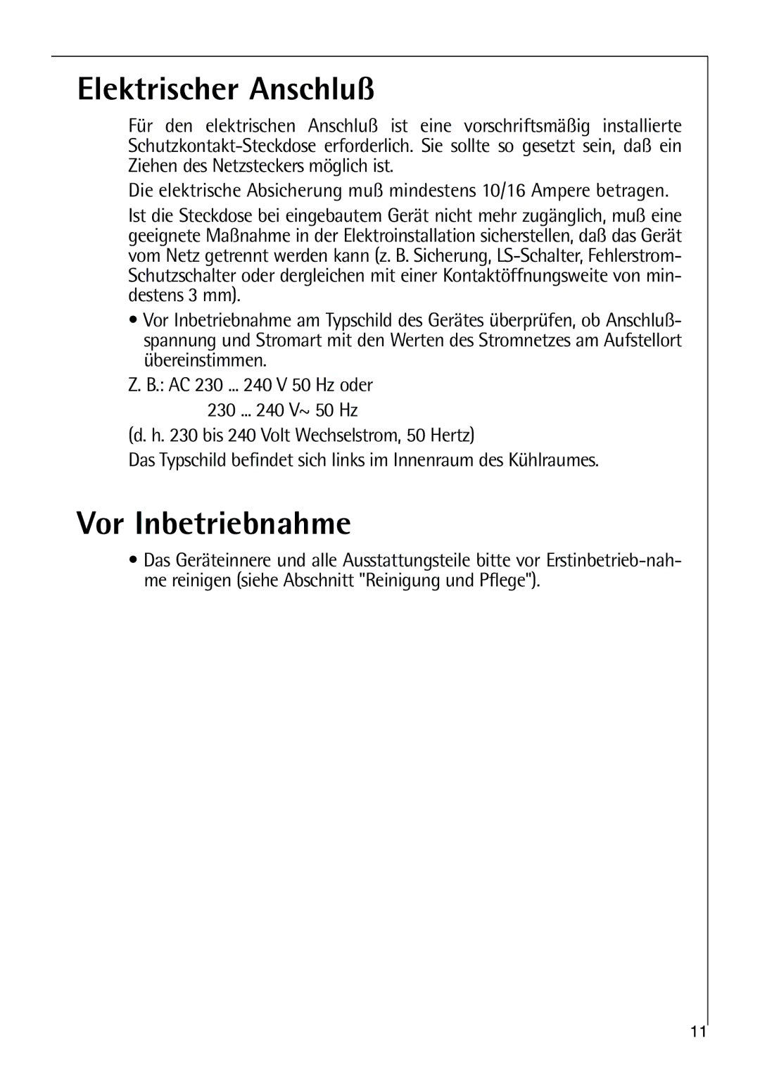 AEG 80318-5 KG user manual Elektrischer Anschluß, Vor Inbetriebnahme 