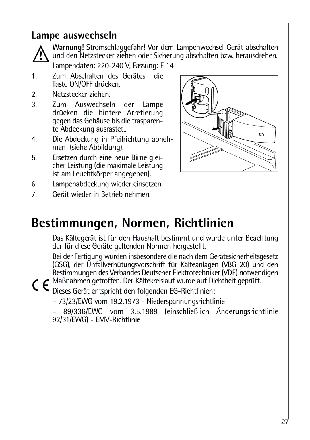 AEG 80318-5 KG user manual Bestimmungen, Normen, Richtlinien, Lampe auswechseln 