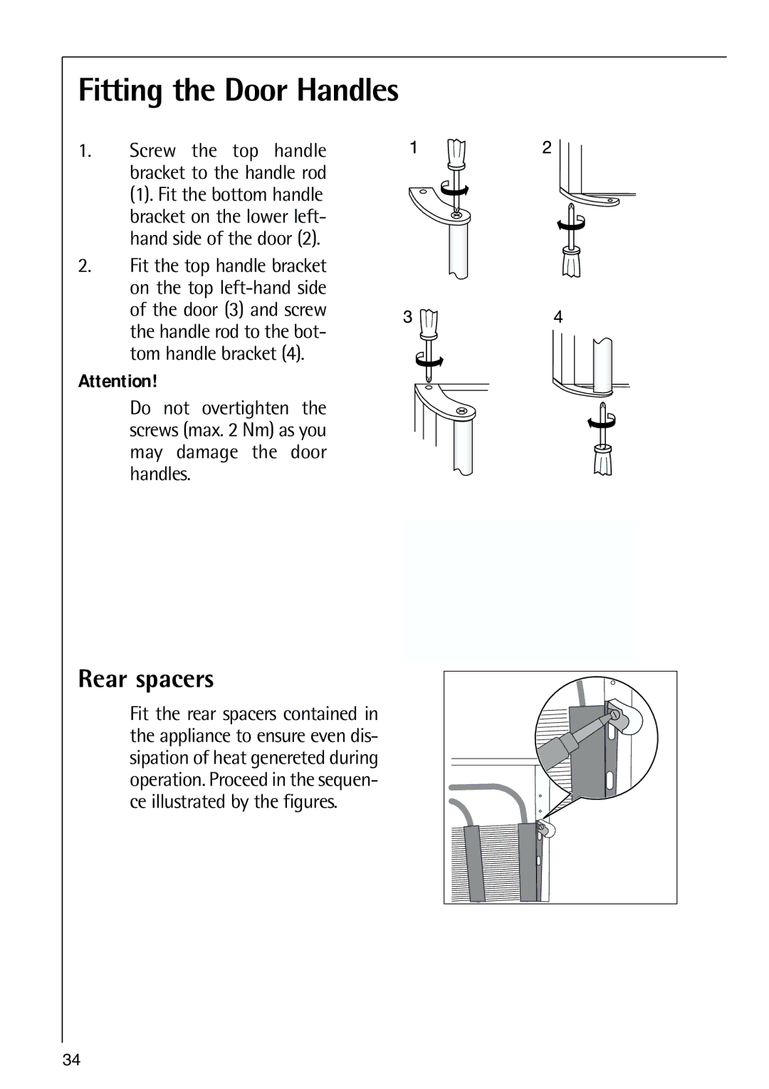 AEG 80318-5 KG user manual Fitting the Door Handles, Rear spacers 