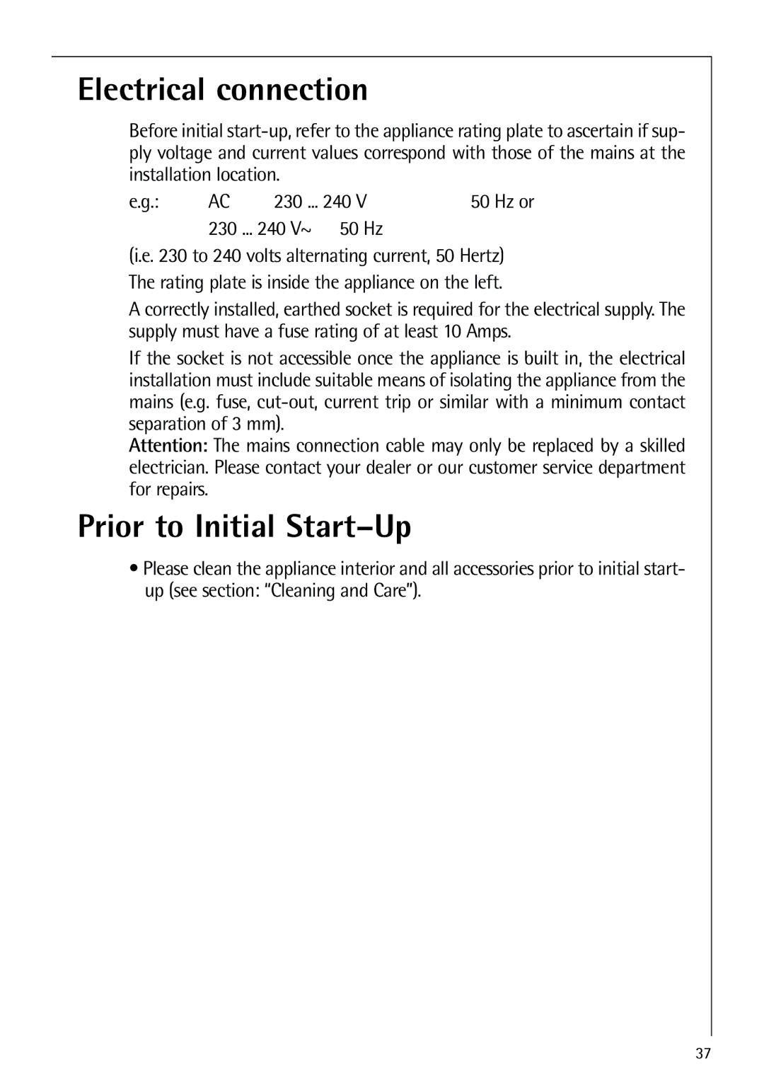 AEG 80318-5 KG user manual Electrical connection, Prior to Initial Start-Up, 50 Hz 