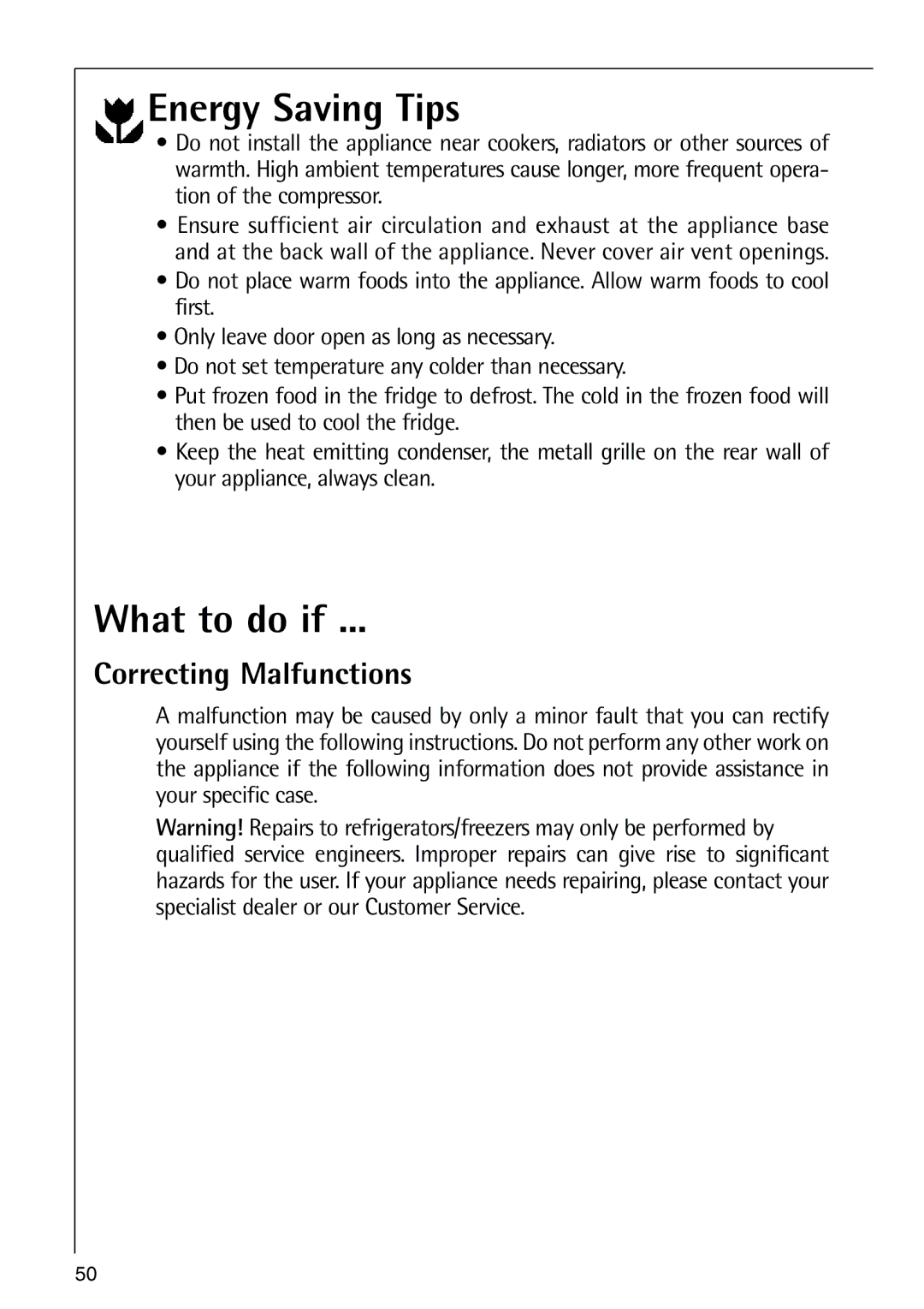 AEG 80318-5 KG user manual Energy Saving Tips, What to do if, Correcting Malfunctions 