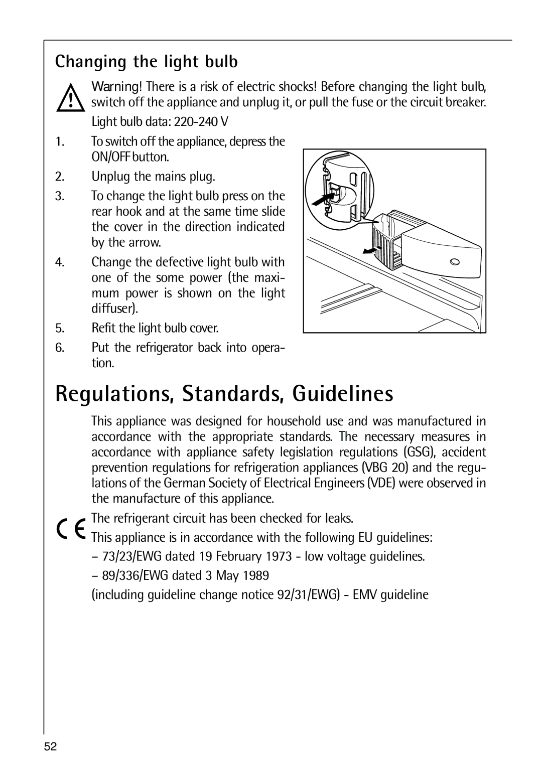 AEG 80318-5 KG user manual Regulations, Standards, Guidelines, Changing the light bulb 