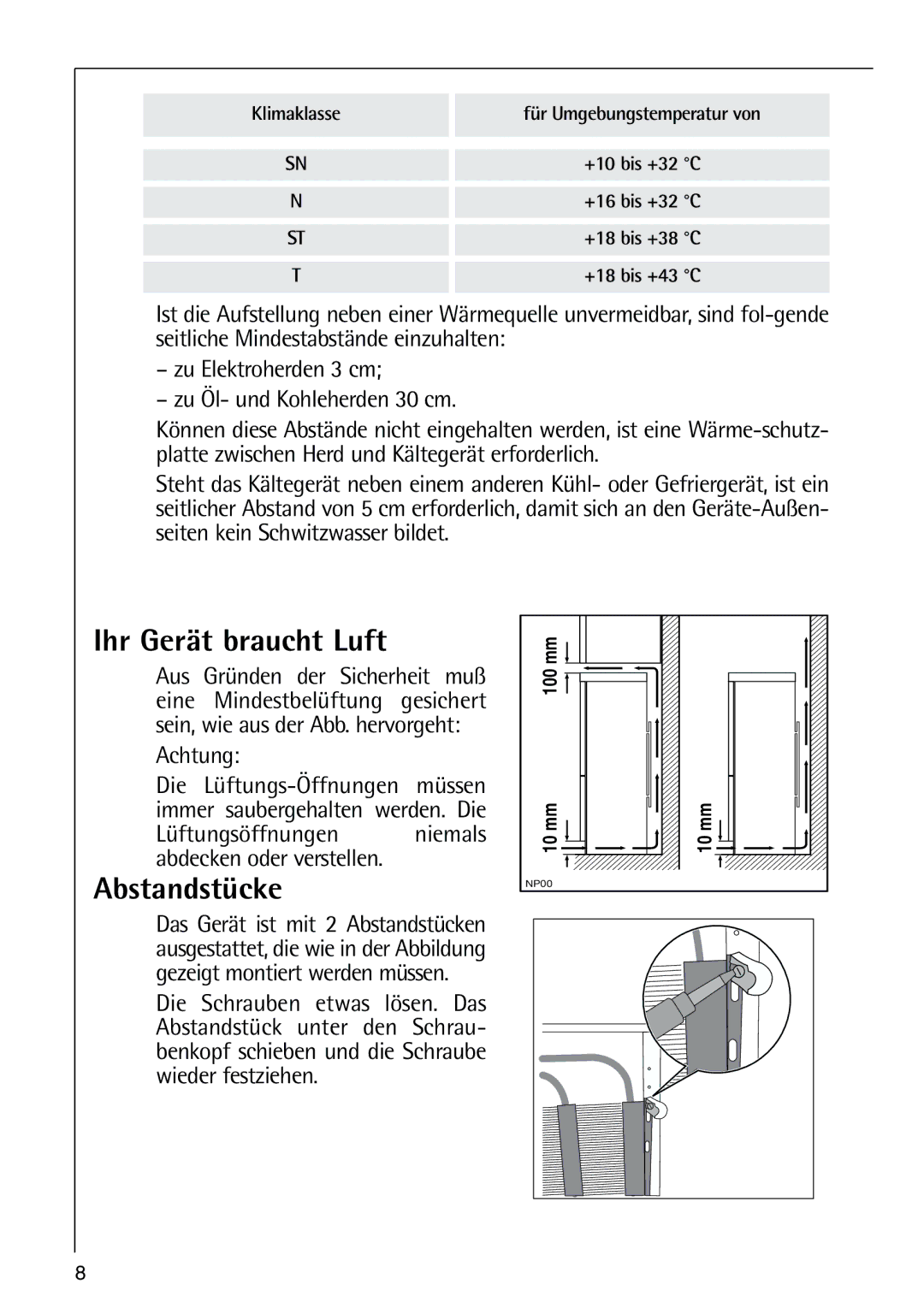 AEG 80318-5 KG Ihr Gerät braucht Luft, Abstandstücke, Achtung, Lüftungsöffnungen niemals abdecken oder verstellen 