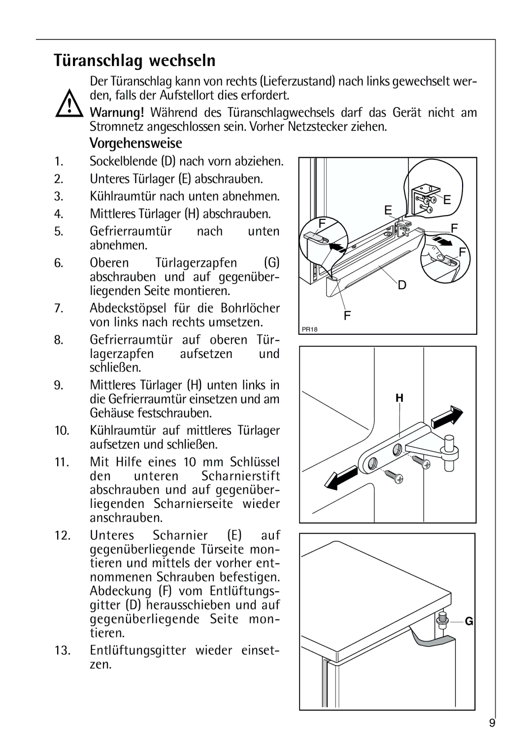 AEG 80318-5 KG user manual Türanschlag wechseln, Vorgehensweise, Gefrierraumtür nach unten abnehmen 