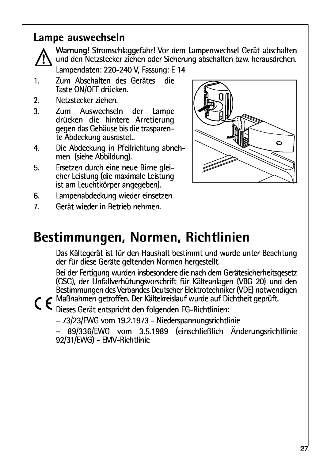 AEG 80318-5 KG user manual Bestimmungen, Normen, Richtlinien, Lampe auswechseln 
