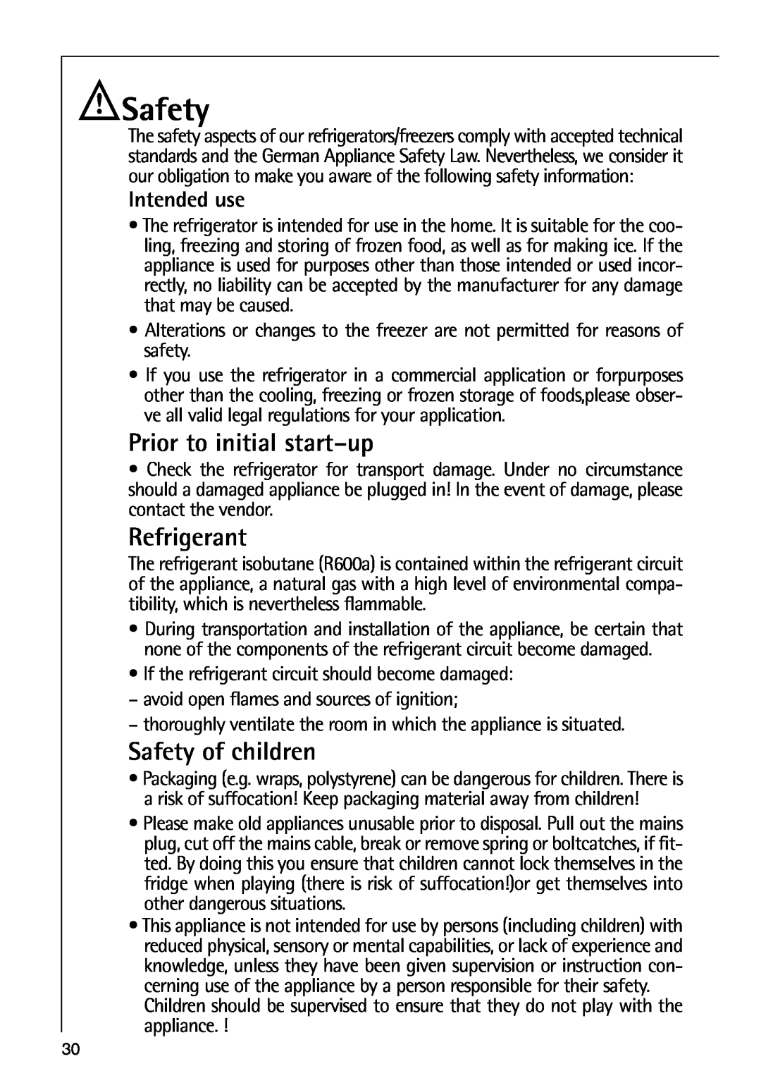 AEG 80318-5 KG user manual Prior to initial start-up, Refrigerant, Safety of children, Intended use 