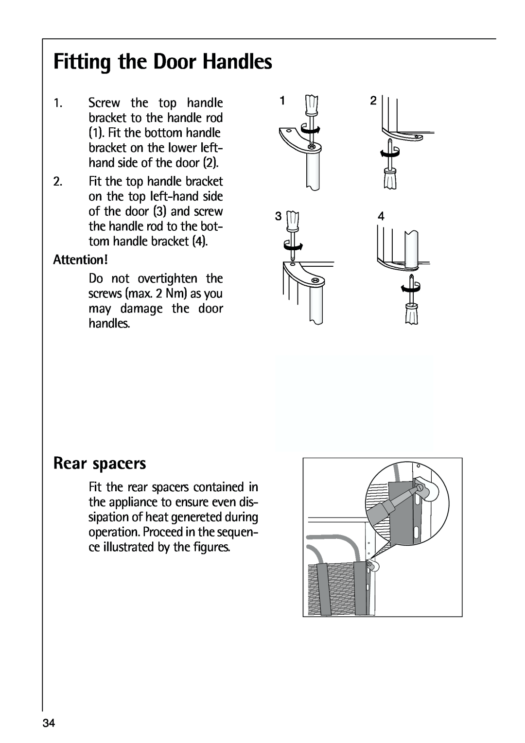 AEG 80318-5 KG user manual Fitting the Door Handles, Rear spacers 