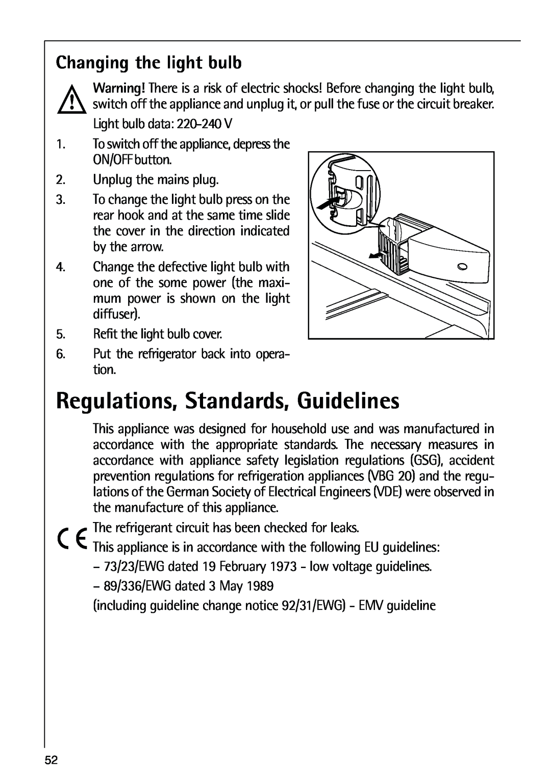 AEG 80318-5 KG user manual Regulations, Standards, Guidelines, Changing the light bulb 