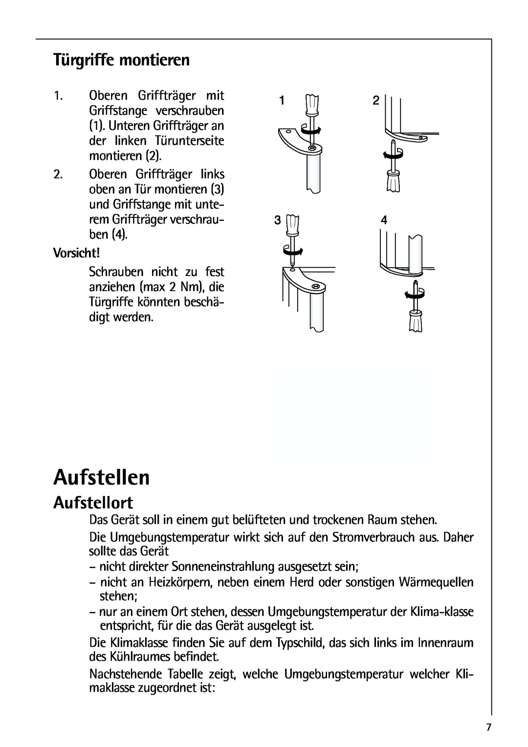 AEG 80318-5 KG user manual Aufstellen, Türgriffe montieren, Aufstellort 