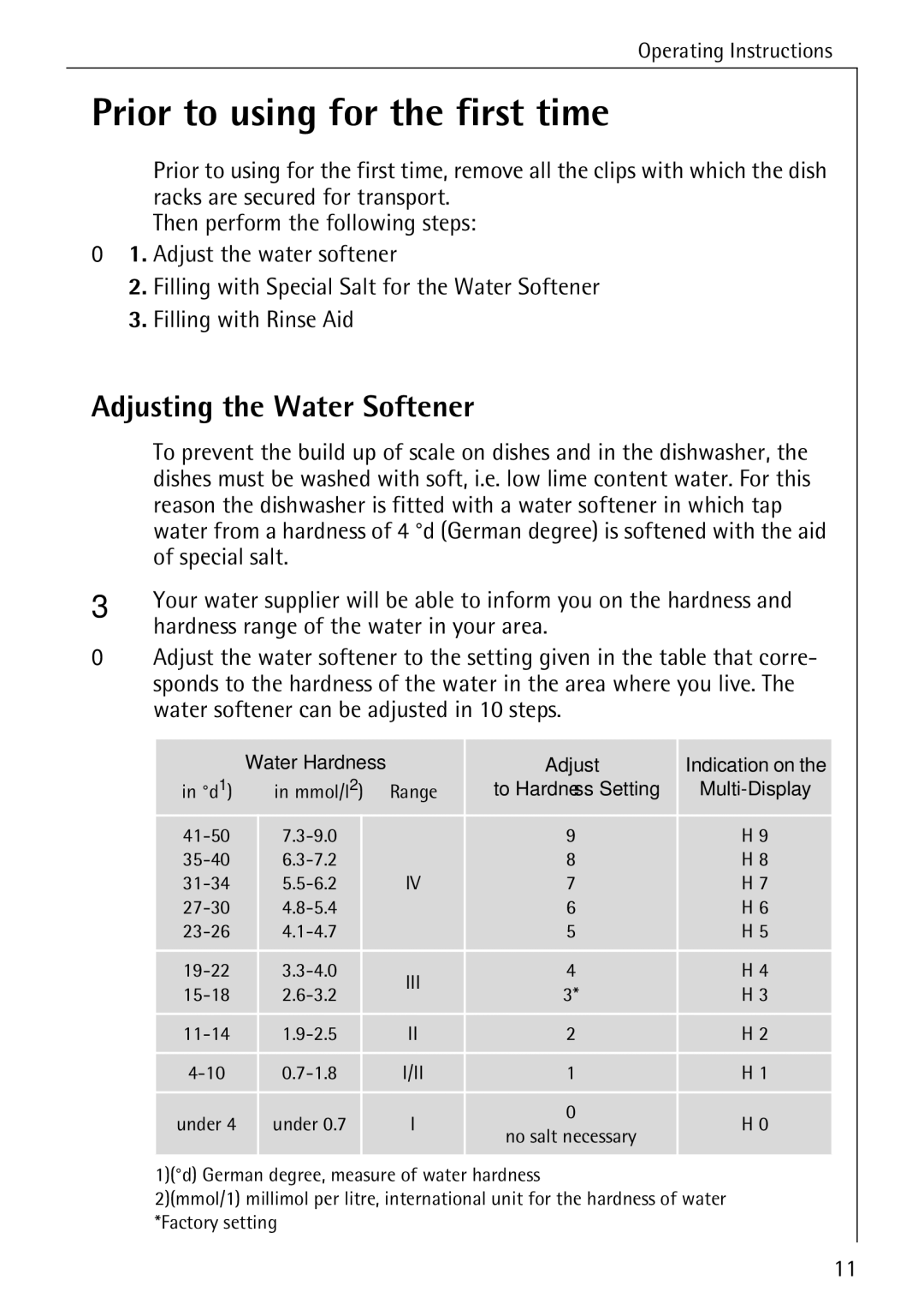 AEG 80800 manual Prior to using for the first time, Adjusting the Water Softener, Special salt 