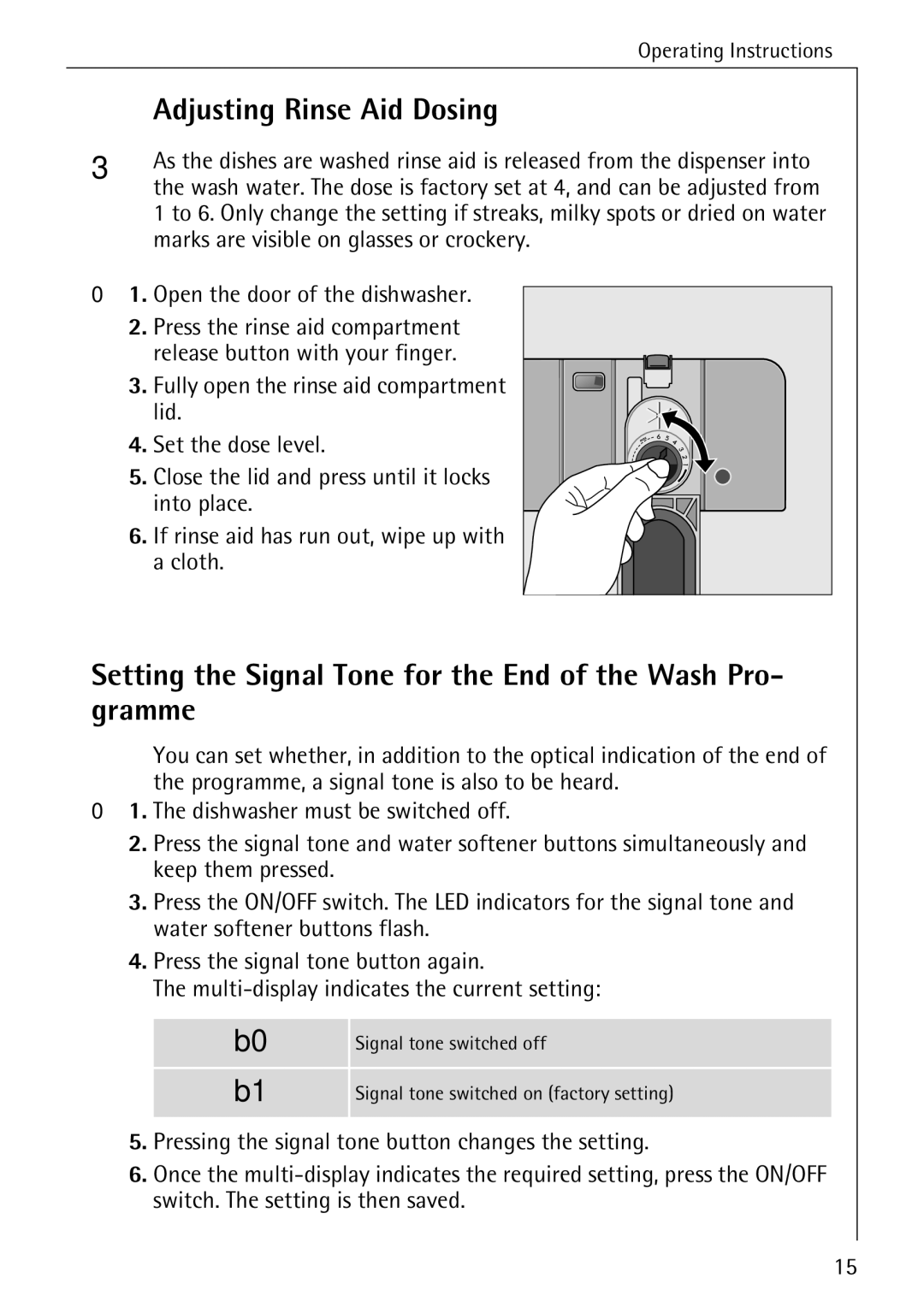 AEG 80800 manual Adjusting Rinse Aid Dosing, Setting the Signal Tone for the End of the Wash Pro- gramme 