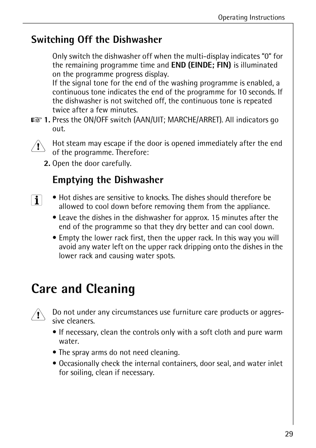 AEG 80800 manual Care and Cleaning, Switching Off the Dishwasher, Emptying the Dishwasher 