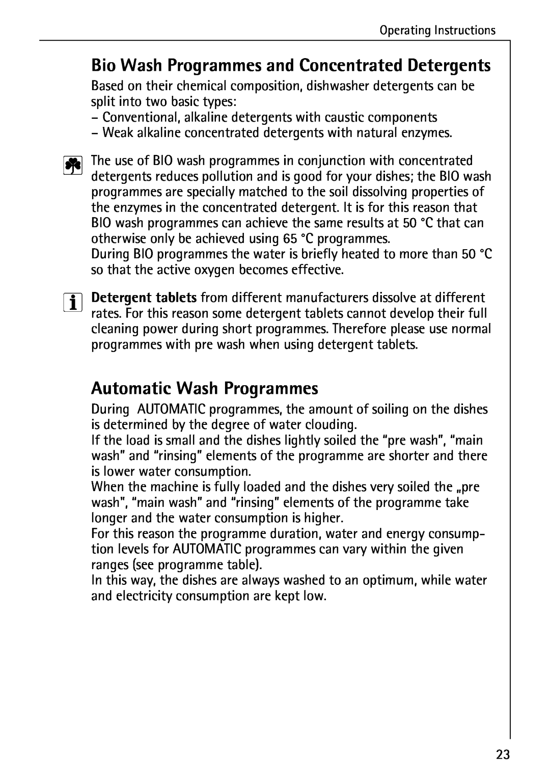 AEG 80800 manual Bio Wash Programmes and Concentrated Detergents, Automatic Wash Programmes 